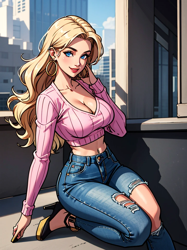 sexy-bombshell of a woman wearing an ultra-tight fuzzy pink long-sleeve v-neck sweater, exposed midriff, and Highrise jeans. Hoop earrings, Pink Stilleto heels. Large-breasts. thin waist, blond hair, large piercing blue eyes. large-ass, hyper-detailed, photorealistic, smiling at the viewer. She has a chaste, pure air to her, that exudes old-world feminine charm and beauty, innocence, ultr-fit body, lots-of-cleavage. 
