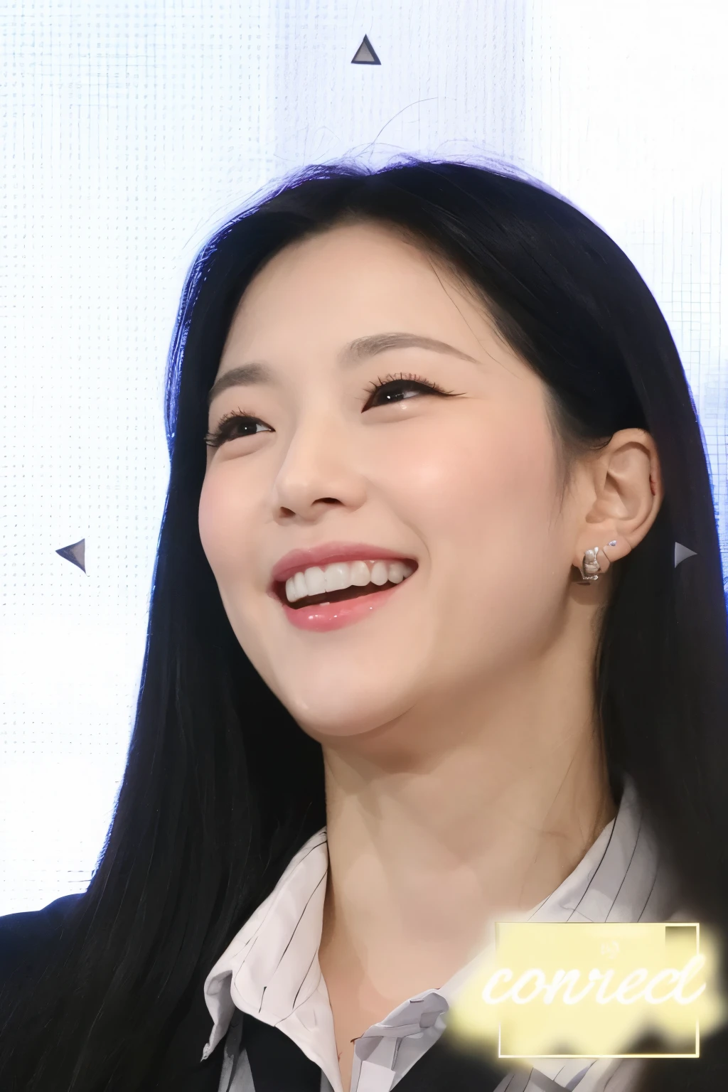 arafed woman with long black hair smiling and wearing a suit, joy gaze, portrait of ruka of babymonster, she is smiling, ruka of babymonster, wan adorable korean face, she is smiling and happy, she expressing joy, 3d cartoon, character