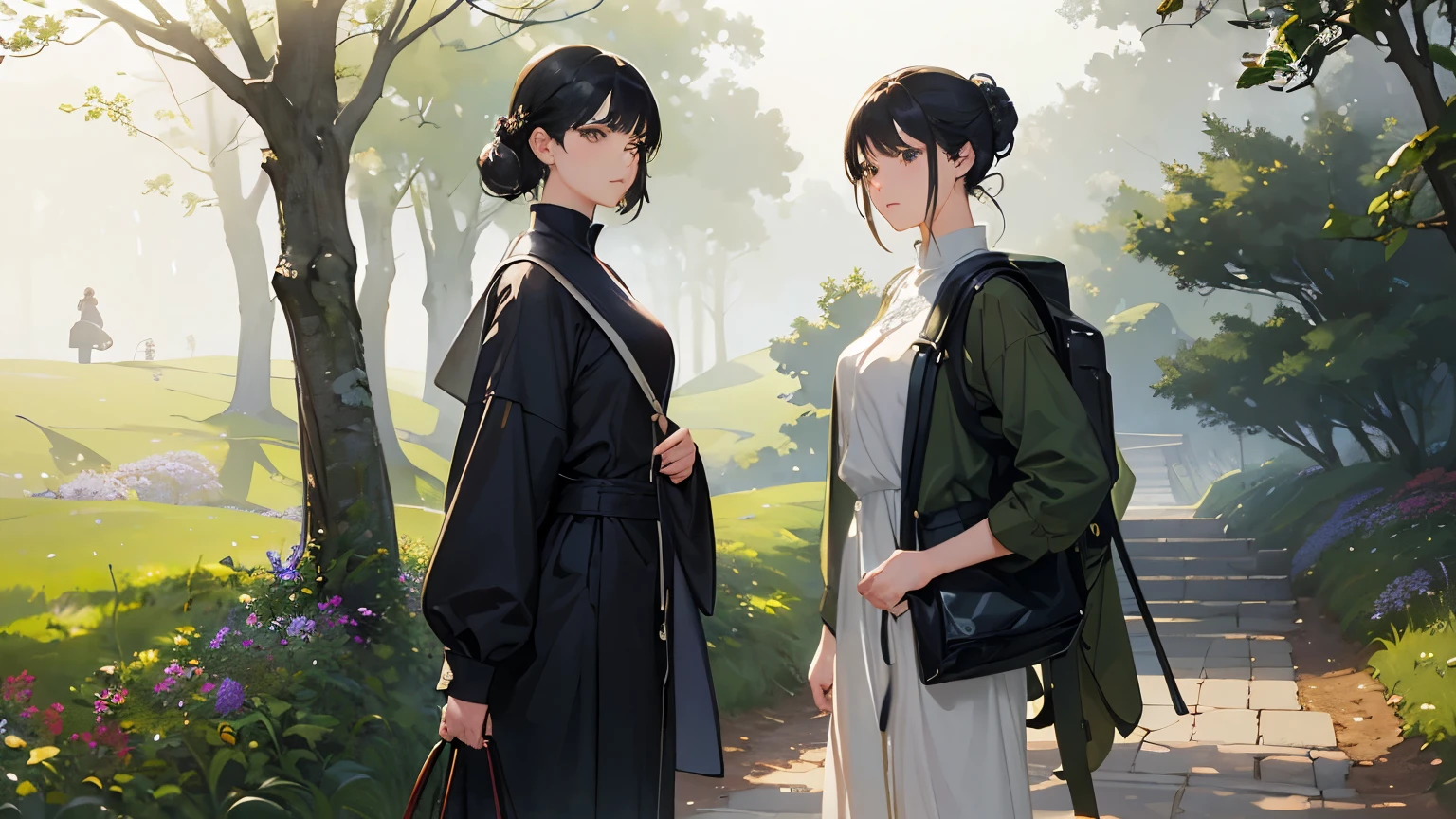 (highest quality、High resolution、masterpiece)、(Anime Art 4k)、(Photorealistic)、((Two women))、20-year-old、((trekking、Walking))、 (Facial detailing)、Black Hair、 short hair、 (Put your hair up、Combing hair)、Slim figure、Small breasts、Travel preparations、blouse、Best、Jacket、Long trousers、Shorts、trekkingシューズ、boots、Carry a shoulder bag over your shoulder、Cinema Lighting、Ray Tracing、Soft Light、Celtic landscape on a misty morning、Create a magical scene in a misty meadow on a calm morning、Draw delicate and blurry brushwork、place々flowers bloom、(Sargent-style watercolor)、(Edmund Leighton Style)、