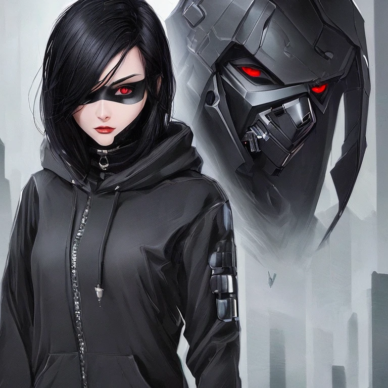 ((best quality)), ((masterpiece)), (detailed), perfect face, short wavy black hair color, sharp eyes, dark black eyeballs, cyberpunk masker, black hoodie color, profile picture, dark light background.