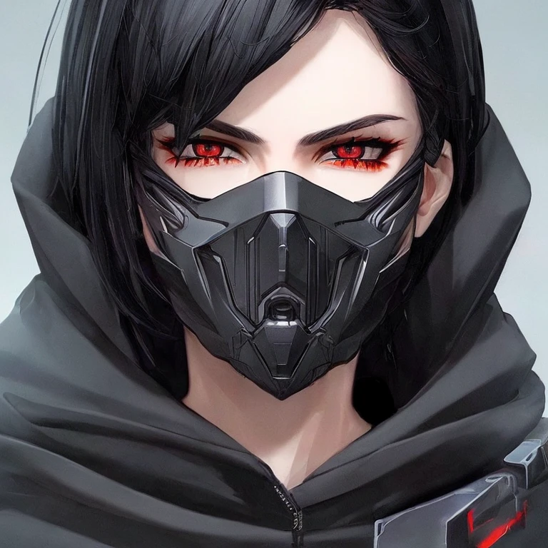 ((best quality)), ((masterpiece)), (detailed), perfect face, short wavy black hair color, sharp eyes, dark black eyeballs, cyberpunk masker, black hoodie color, profile picture, dark light background. 