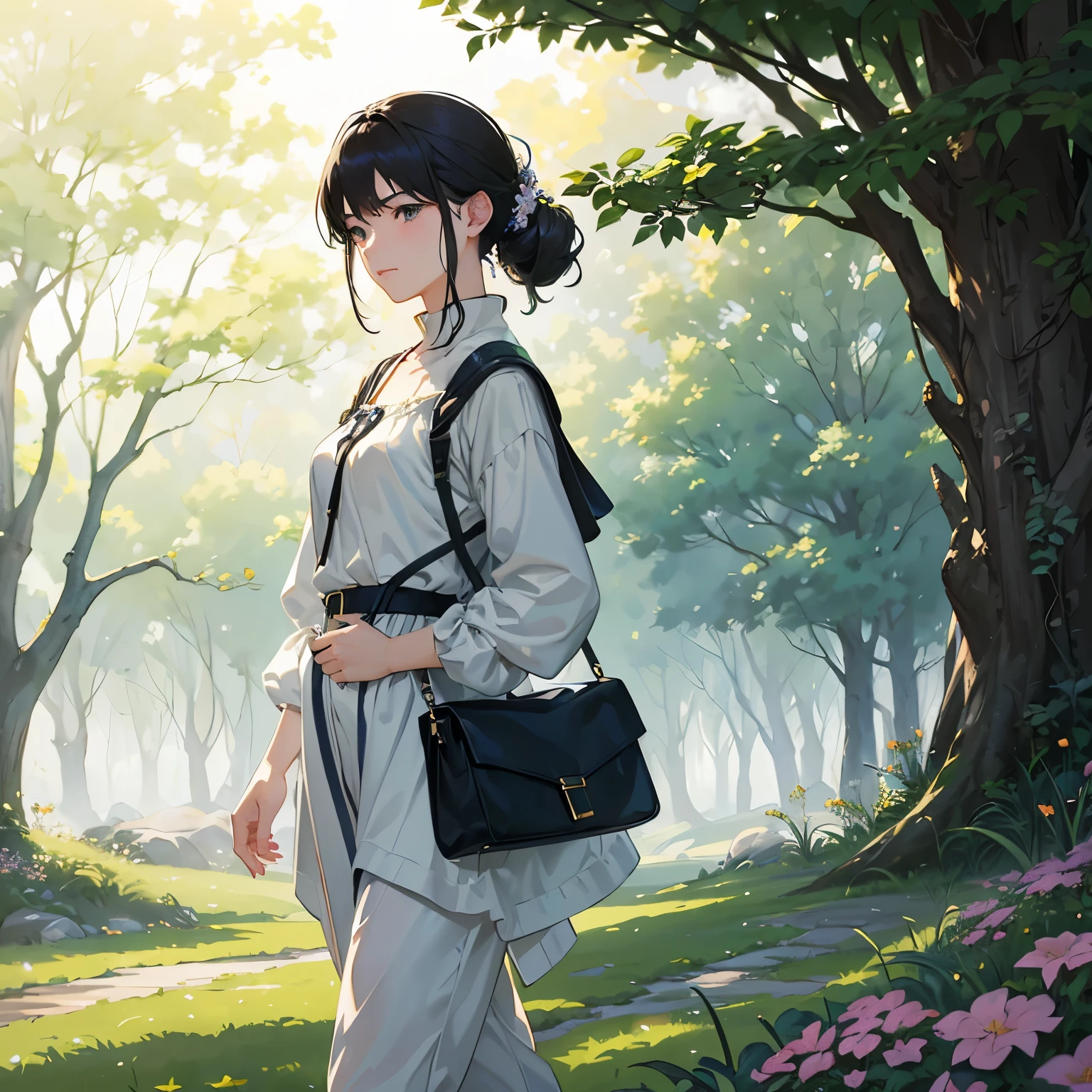 autumnal,beautiful Girl(1girll:1.3),A high resolution,ultra - detailed,ginko,Ginkgo tree,komono,holding a umbrella,Noon time,And focus on the subtle details and atmosphere of the scene。