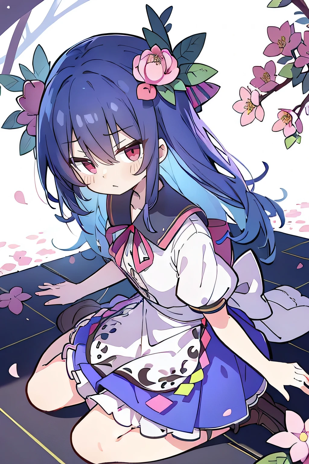 (best quality, masterpiece:1.2), expressive eyes, perfect face, 1 girl, hands on waist, beautiful, gorgeous, Japanese animation, Lola, Hinamori Angel, blue hair, floating clothes, waist grab, waist grab, hands on hips, sitting, sitting on the ground, legs on the ground, flat-chested, falling petals, sitting in a pavilion, pavilion.