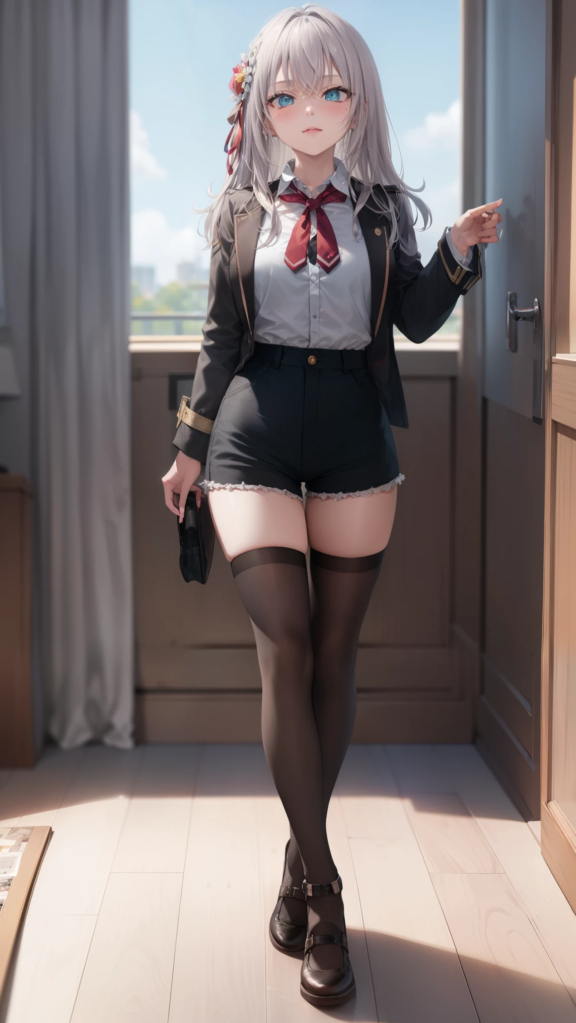 Alisa Kujou,
(day:1.7), in a room with curtains on the windows,adentro, 1 girl standing at attention, 20 years,hembra joven,hermoso Finger, hermoso long legs ,hermoso body ,hermoso Nose ,hermoso character design, ojos perfectos, perfect rostro,
There is an anime girl in shorts walking through an open door., 1 chica, muslos, solo, (falda muy corta:1.4), blue eyes, senos, chaqueta, camisa, , falda plisada, white camisa, arco, mano en la cadera, rubor, black muslos, arcotie, adentro, calzado marron, zettai ryouiki, mocasines, zapatos, large senos, cuerpo completo, mirando al espectador, boca abierta, thighs
mirando al espectador, en el centro de la imagen, bajo el arte oficial del trasero, Fondo de pantalla CG unity 8k extremadamente detallado, Perfect lighting,vistoso, Brillante_frente_rostro_Lightinasterpiece:1.0),(mejor_calidad:1.0), ultra high resolution,4k,ultra detallado,
Photography, 8k, hdr, high resolution, absurdos:1.2, codas portra 400, film grain, fondo borroso, bokeh:1.2, Destello de lente, (vibrante_color:1.2)
, (hermoso_rostro:1.5),(angosto_cintura), (hermoso,Enorme_senos:1.3)