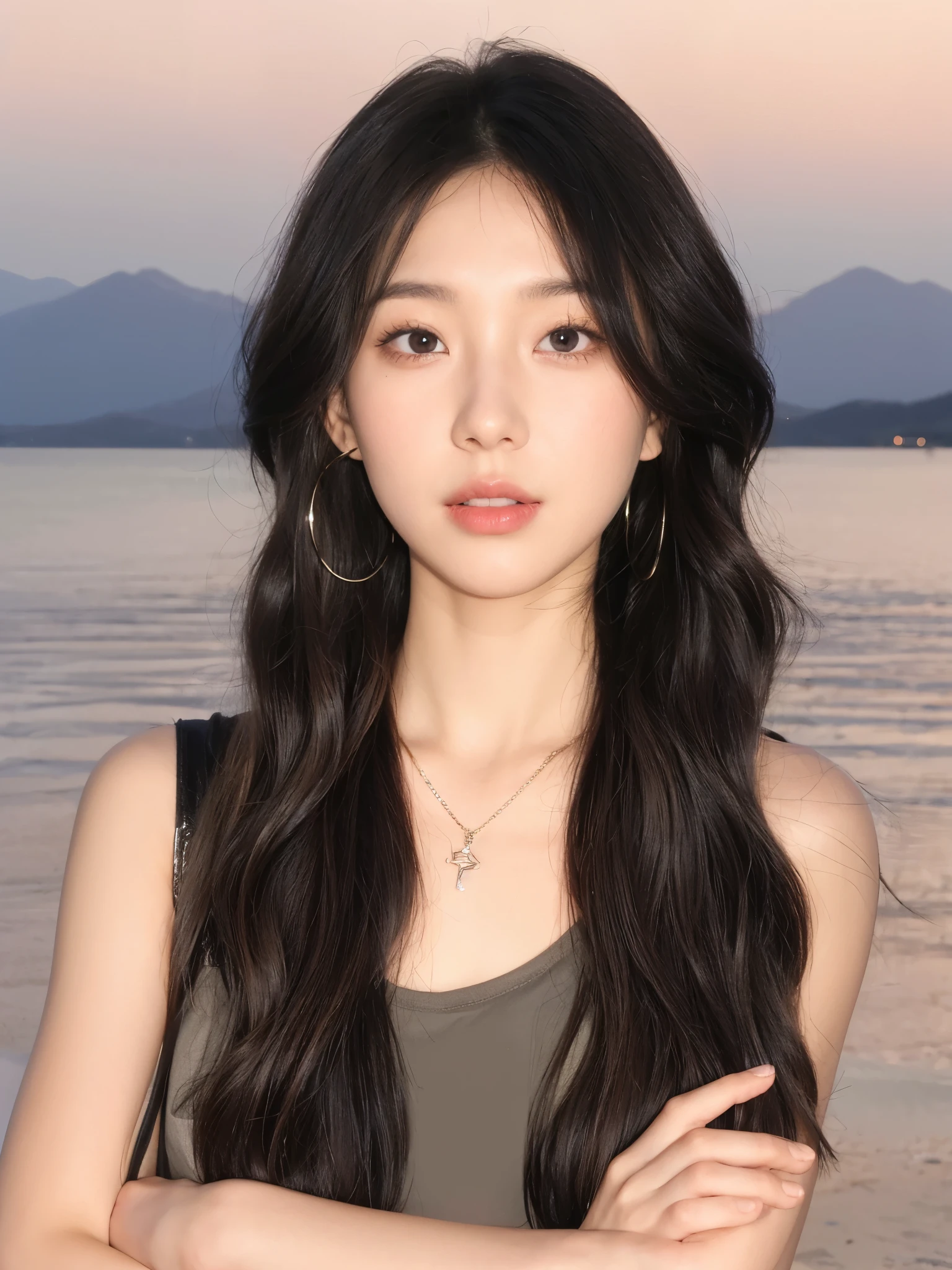 Dark brown curly hair,Hair looks natural,The background is beautiful
