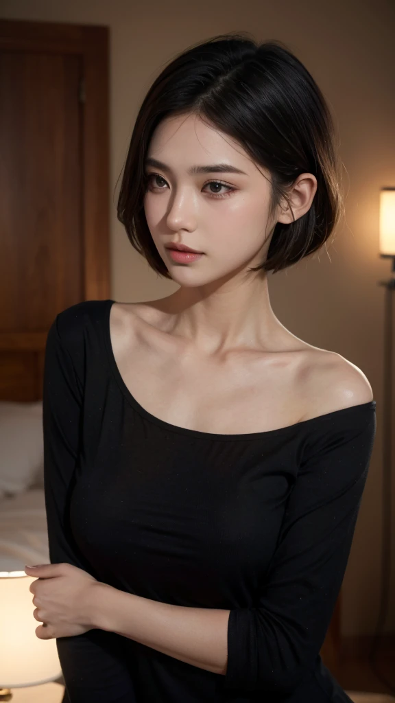 (masuter piece), realisticlying, photo realisti, One girl, solo,beautiful countenance、Lifelike face、A dark-haired、short-hair、Beautiful hairstyle、cparted lips, real looking skin、Beautiful skins、enticing、Cute blouse、 The upper part of the body,A detailed,dark backgrounds,Back lighting、