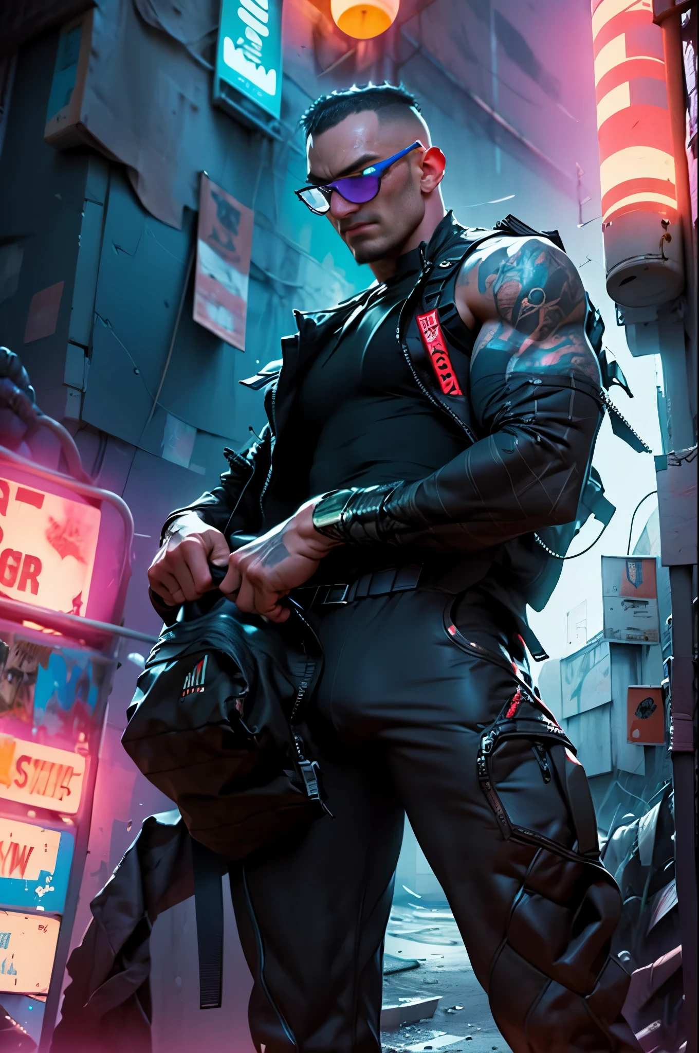 ((best quality)), ((masterpiece)), (very detailed body and face:1.3), 3D, Beautiful (cyberpunk:1.3) Beautiful young man with hair shaved on the sides and a petrol blue mohawk, VERY DETAILED AND BRIGHT, ((with weapons in his hands) ), (((futuristic Mad Max movie style background))), (((pink and cyan neon lights at night))), night image, at night, 32k