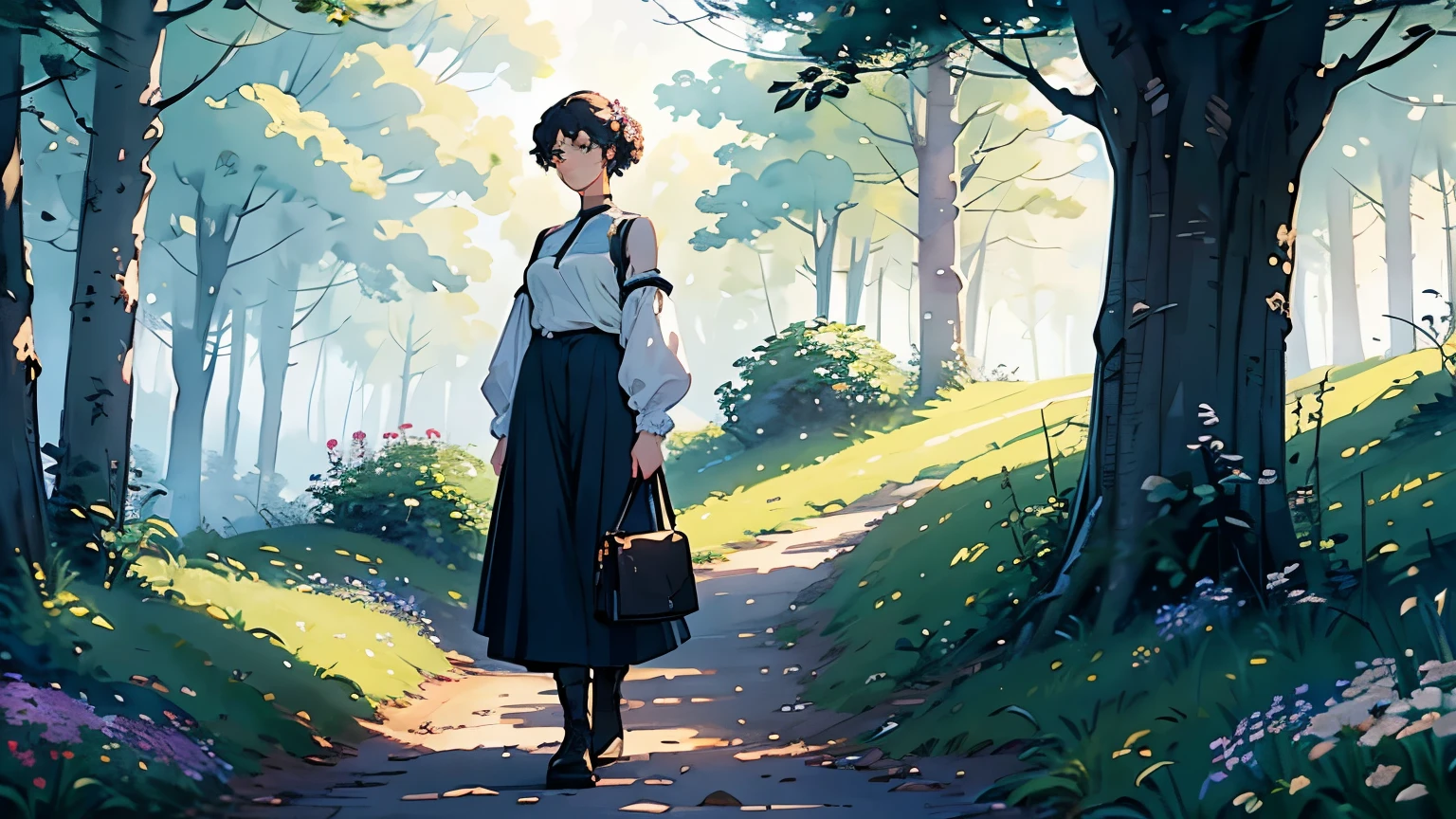 (highest quality、High resolution、masterpiece)、(Anime Art 4k)、(Photorealistic)、((Two women))、20-year-old、((trekking、Walking))、 (Facial detailing)、Black Hair、 short hair、 (Put your hair up、Combing hair)、Slim figure、Small breasts、Travel preparations、blouse、Best、Jacket、Long trousers、Shorts、trekkingシューズ、boots、Carry a shoulder bag over your shoulder、Cinema Lighting、Ray Tracing、Soft Light、Celtic landscape on a misty morning、Create a magical scene in a misty meadow on a calm morning、Draw delicate and blurry brushwork、place々flowers bloom、(Sargent-style watercolor)、(Edmund Leighton Style)、