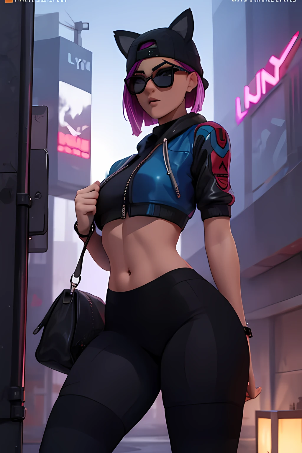 lynx Cyberpunk, pulsera de picos,gorro de invierno , shorts negro con leggins Azul Marino, chaqueta azul marino ,Extremadamente detallado, rostro detallado, gafas ,hermoso rostro, ojos finos, mirando al espectador, pose femenino, Noche