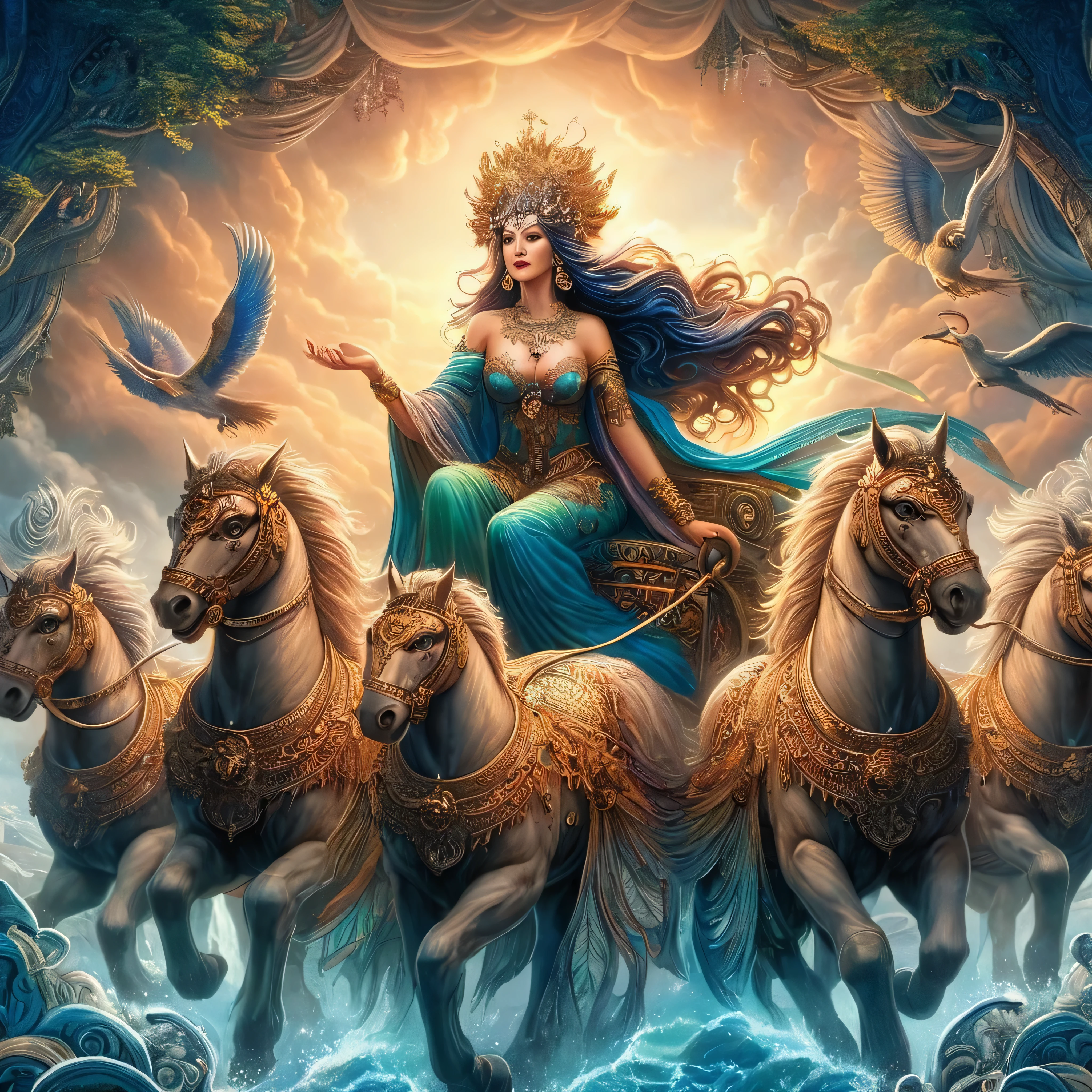 arafed image of a woman riding a chariot with horses, mythology of the Javanese queen, mythology of nyi roro kidul, ruler of female change, sea queen of kidul, nyi roro kidul, mythology of the earth goddess, mythology of the ruler of the south coast, beautiful fantasy empress, Korean mythology, ancient Chinese goddess, Mayan witch Ali, Guan Yu, Queen Goddess, Indian Goddess