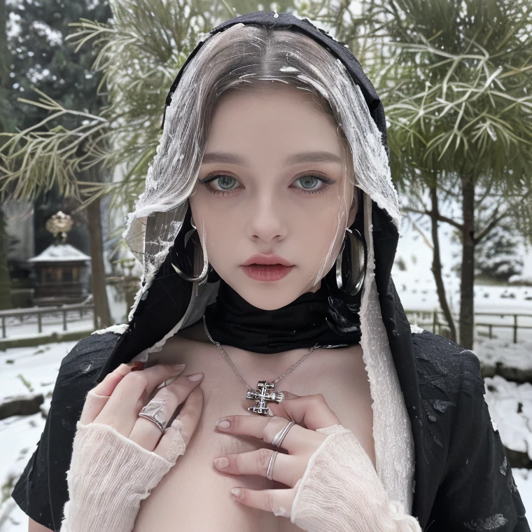 1 miniature Beautiful beautiful woman - Yuan Sayuki, ((top quality, 8K, Masterpiece:1.retty woman, 1 woman, huge breasts:1.3, a slim body:1.1, lush white short hair, (shower, wet body, wet clothes:1.1), very detailed face, detailed lips, detailed eyes, double eyelids, Detailed blue eyes, чрезвычайно Detailed Outstanding Blue Eyes, short white wet hair, white wet hair, Detailed Outstanding Blue Eyes, innocent look at the viewer, very wet wavy white hair, Detailed Outstanding Blue Eyes, huge cross earrings, Outdoors, badges behind, gothic wedding uniform, sexy gothic style wedding dress with veil, bare chest, huge chest tattoo wearing a wreath, detailed huge catholic cross earrings, chest tattoo, Outside - there are trees and a buddhist temple in the background (mountain vicinity), wear a silver cross (Detailed cross shape), reality mode, wet breasts, black necklace, black wedding dress and black veil, human crowd behind, head/forehead chain veil, black latex gloves, naked breasts, naked breasts, naked nipples, hair of white snowy colour, night time, red neon lights, demonic nun, nimbus (golden lighting ring above her head), angel, snowy weather, Detailed buddhist temple behind, naked breasts