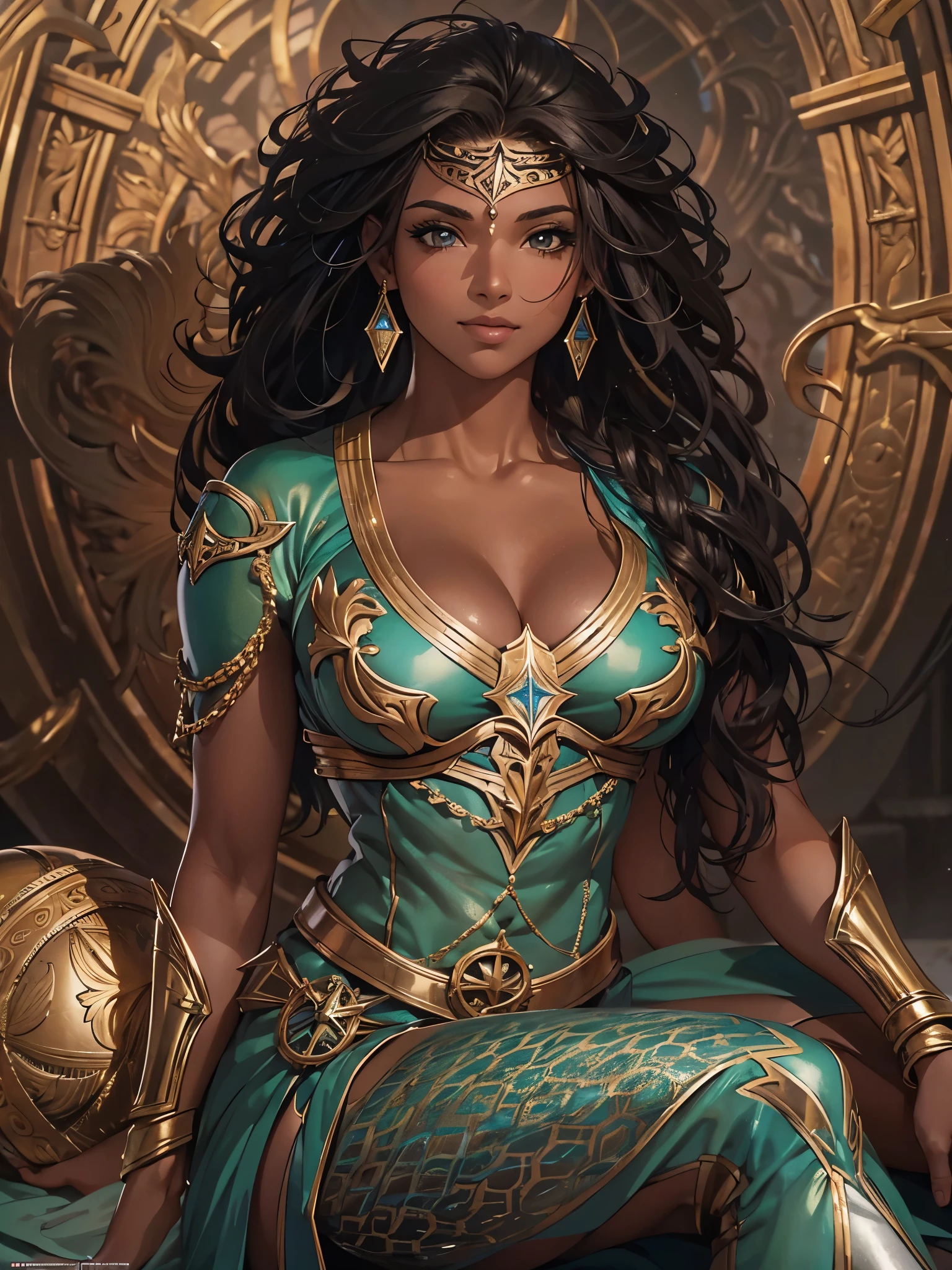 Um jovem meia-elfa, em uma templo, incrivelmente sexy, garota sexy, rosto lindo, rosto perfeito, rosto de princesa de ebano, ((seios grandes e fartos)), cabelos loira, long flowing hair, brincos e aneis de ouro, ((armadura celestial)), ((armadura gloriosa sensual)), olhos grandes e verde, cleric, deusa do sol, she is smiling, sorrindo de forma graciosa, posando para a foto, foto frontal, pele bronzeada, sol suficiente, brilho divino, strength, instinto, leveza, cores vibrantes, ((corpo perfeito)), ((corpo sexy)), ((abdomem liso e sensual)), enquadramento perfeito de corpo, ((pose muito sensual frontal)), (alta qualidade), (very high quality), (Hiper realista), (extremamente detalhado), (imagem em 8k)