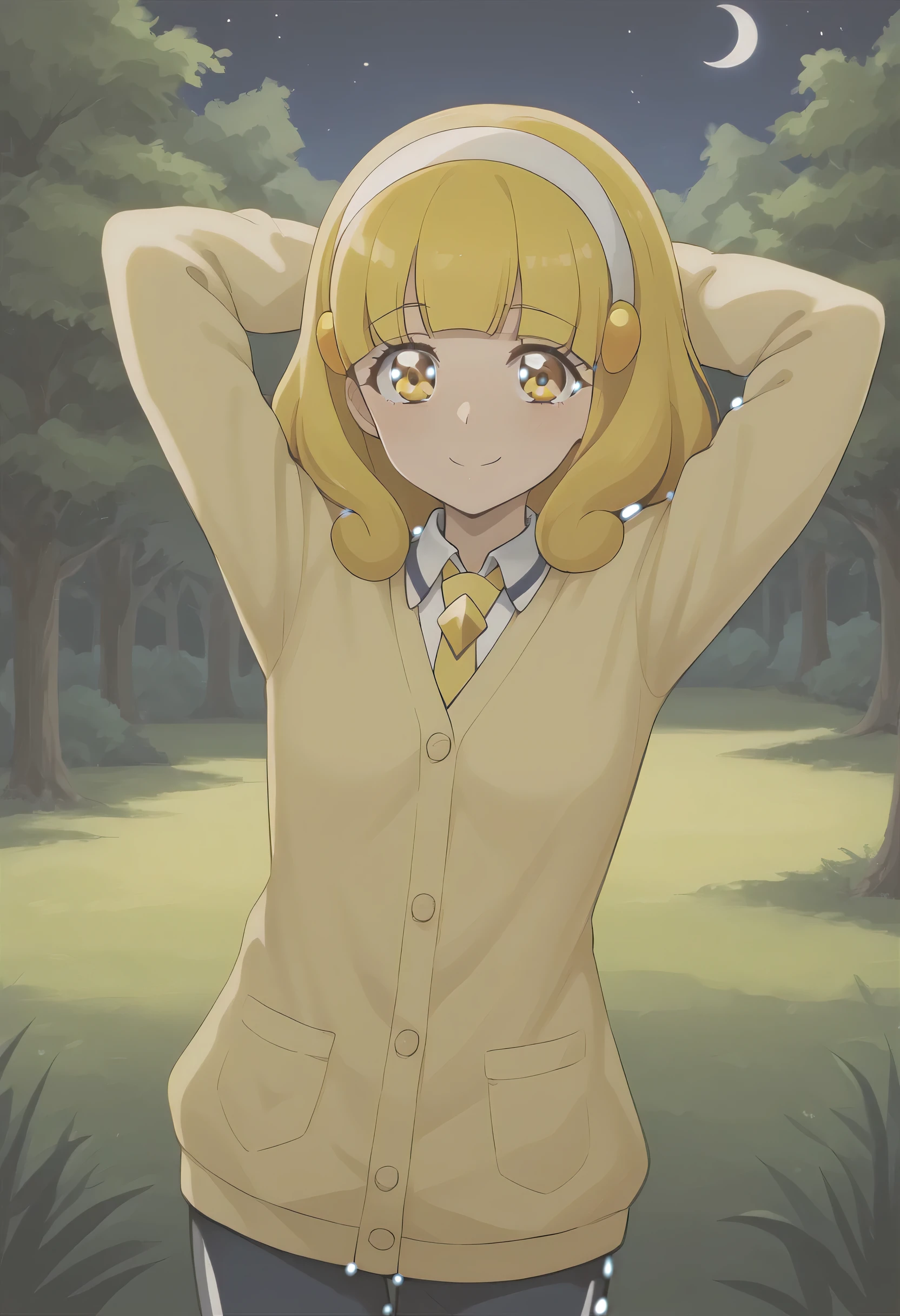 score_9, source_anime,1girl,  solo, cowboy shot, night sky, forest, arms behind head, contrapposto, shy smile, spread armpits, shy smile, looking at viewer,
kise yayoi, yellow hair, yellow eyes, white hairband, hair ornament, medium hair, yellow necktie, yellow cardigan