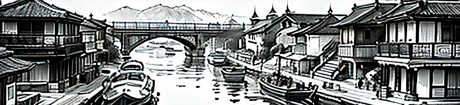 only black and white clour drawing of a river with boats and buildings in it, cg society contest winner, modern european ink painting, chinese brush pen illustration, dreamy chinese town, detailed art, highly detailed illustration, traditional korean city, highly detailed ink illustration, detailed ink illustration, detailed sumi-e illustration