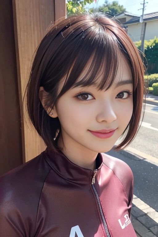 cute japanese college student、21 years old、Super detailed face、Attention to detail、double eyelid、Beautiful thin nose、Sharp focus:1.2、Beautiful woman:1.4、(Maroon brown hair、Short Hair)、（Detailed facial features）、Brunette eyes、natural bangs、White skin、highest quality、masterpiece、超A high resolution、(Photorealistic:1.4)、Highly detailed and professionally lit smile、looking at the camera、Medium Bob Hair、Bright lighting、Professional Lighting、Smooth lighting、One person is standing、(Cool long sleeve cycling jersey), (Very Short Spats)、（Outdoor）、D cup breasts
