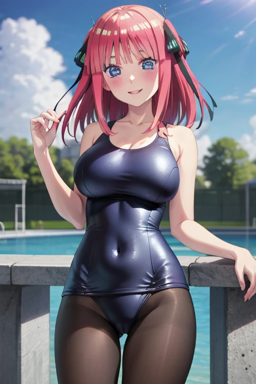 best quality, ultra-detailed masterpiece, anime art style, cute characters, nino nakano, one-piece swimsuit, large breasts, pantyhose, blush, smile