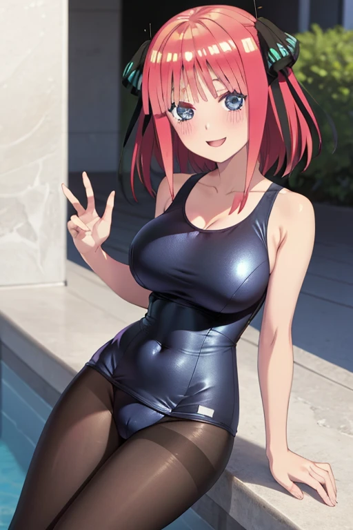best quality, ultra-detailed masterpiece, anime art style, cute characters, nino nakano, one-piece swimsuit, large breasts, pantyhose, blush, smile