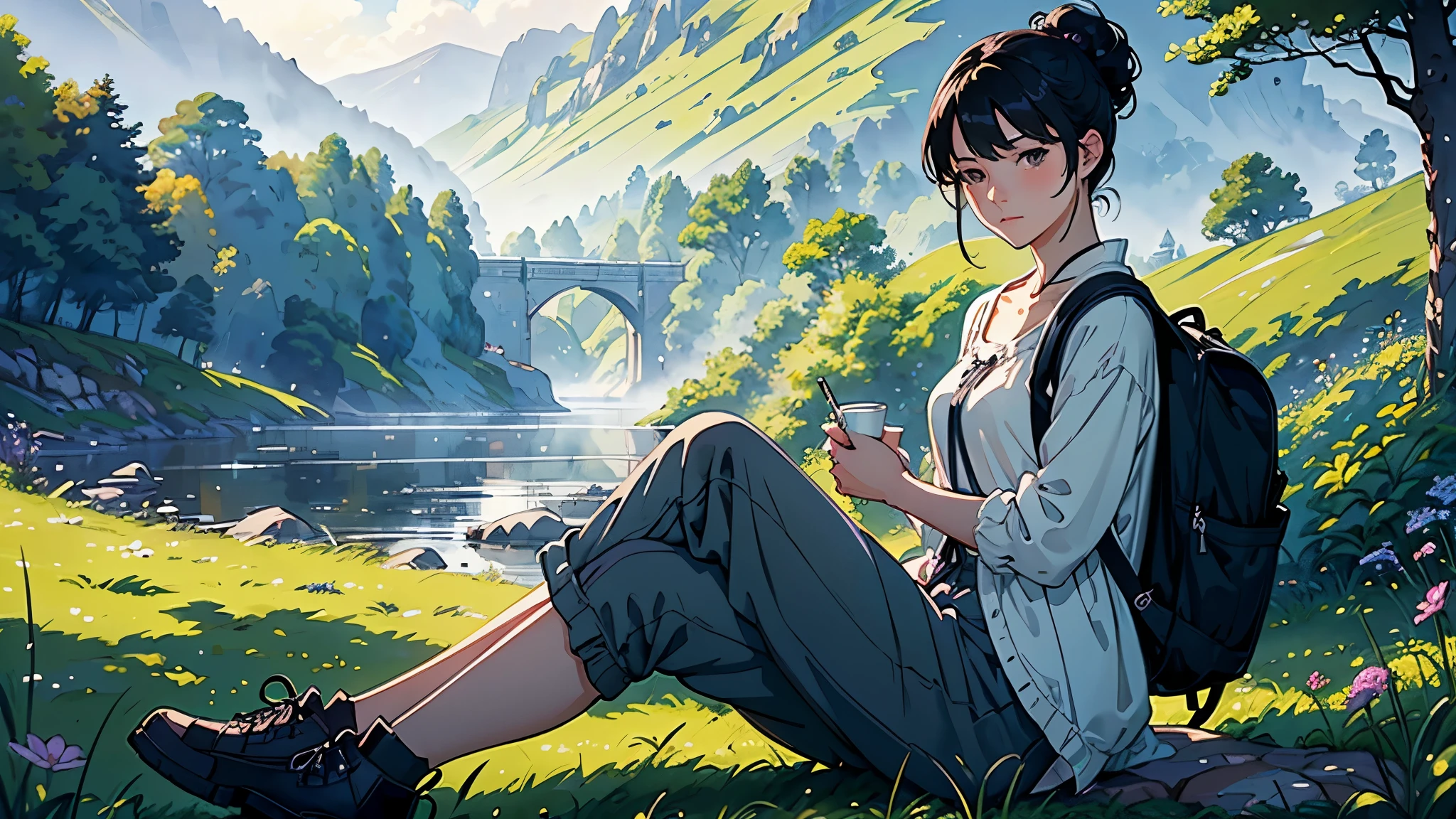 (highest quality、High resolution、masterpiece)、(Anime Art 4k)、(Photorealistic)、((Two women))、20-year-old、((Trekking while having a fun conversation))、 (Facial detailing)、Black Hair、 short hair、 (Put your hair up、Combing hair)、Slim figure、Small breasts、Travel preparations、blouse、Best、Jacket、Long trousers、Shorts、Trekking shoes、boots、Carry a shoulder bag over your shoulder、Small rucksack、Cinema Lighting、Ray Tracing、Soft Light、Welsh landscape painted on a misty morning、Create a magical scene in a misty meadow on a calm morning、Draw delicate and blurry brushwork、place々flowers bloom、(Sargent-style watercolor)、(Edmund Leighton Style)、