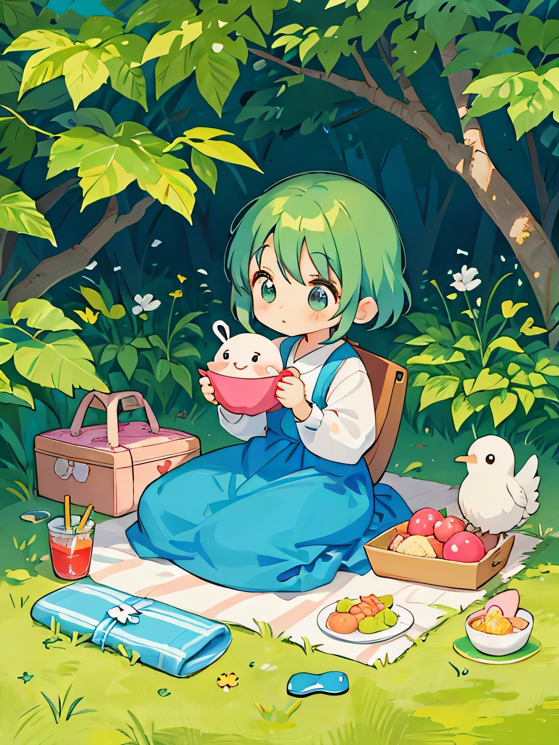 Fujio Akatsuka Style, Kawaii Design, most beautiful girl ever、Chibi, birdie、picnic