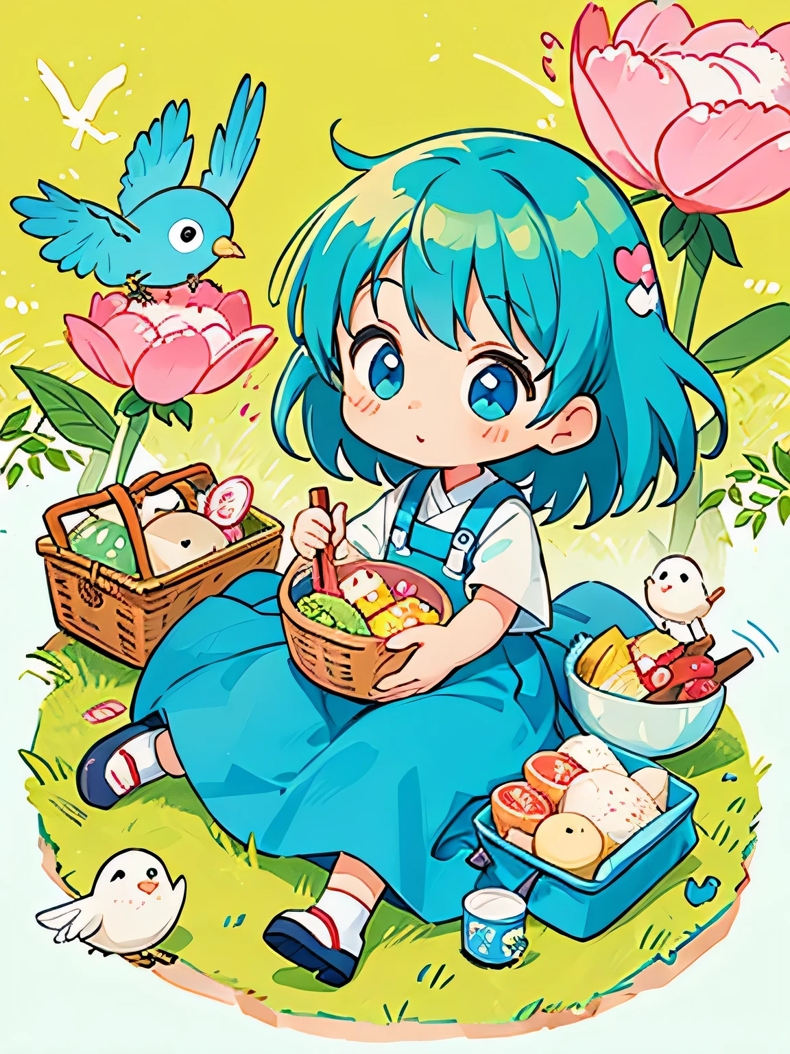 Fujio Akatsuka Style, Kawaii Design, most beautiful girl ever、Chibi, birdie、picnic