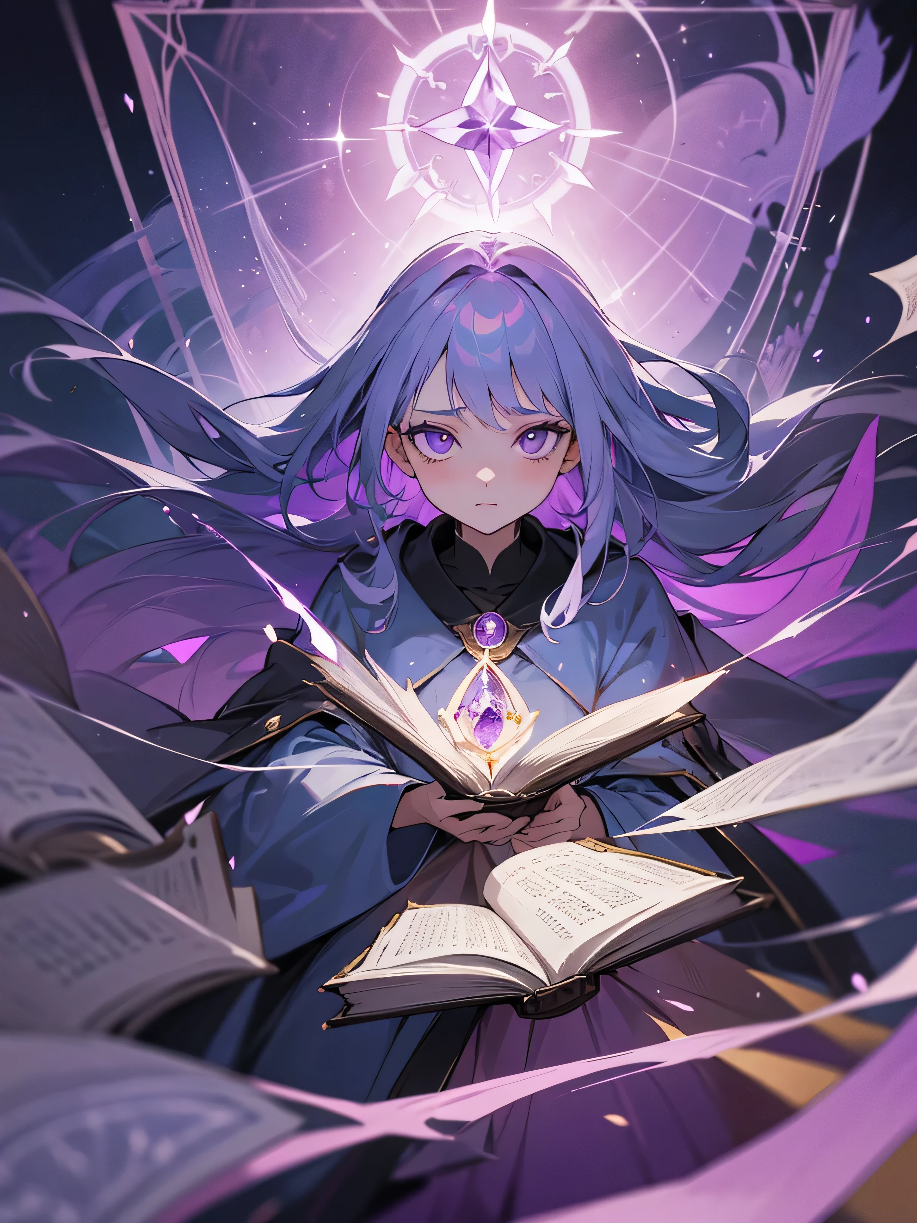 1girl, Grandiose architecture, arcane library backdrop, twilight hues, scholarly atmosphere, young mage apprentice, cascading platinum locks, amethyst eyes gleaming, adorned in scholarly robes, clutching a spellbook, crackling with magical energy, curious expression, surrounded by floating tomes.