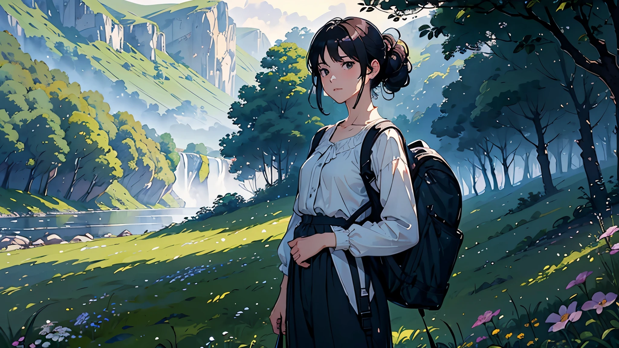 (highest quality、High resolution、masterpiece)、(Anime Art 4k)、(Photorealistic)、((Two women))、20-year-old、((Trekking while having a fun conversation))、 (Facial detailing)、Black Hair、 short hair、 (Put your hair up、Combing hair)、Slim figure、Small breasts、Travel preparations、blouse、Best、Jacket、Long trousers、Shorts、Trekking shoes、boots、Carry a shoulder bag over your shoulder、Small rucksack、binoculars、Cinema Lighting、Ray Tracing、Soft Light、Welsh landscape painted on a misty morning、Create a magical scene in a misty meadow on a calm morning、Draw delicate and blurry brushwork、place々flowers bloom、(Sargent-style watercolor)、(Edmund Leighton Style)、