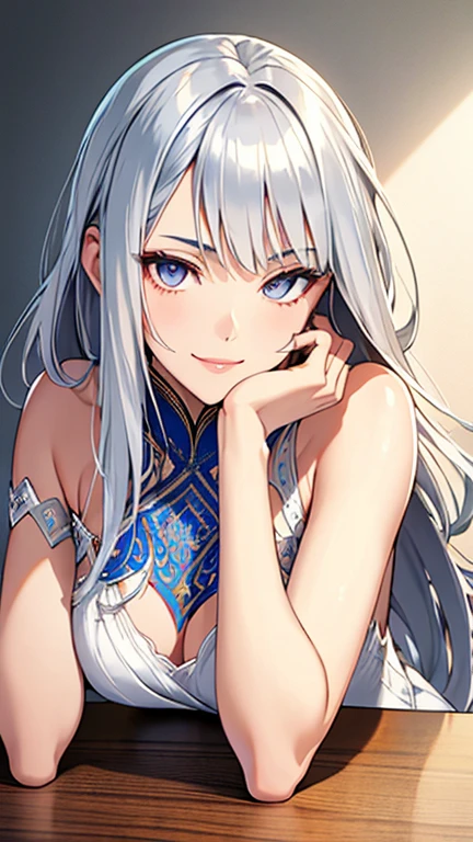(table top, highest quality), intricate details, thin, ((slim)), beautiful girl, perfect face, expressive eyes, silver hair, white skin, silver eyes, sharp jaw line, dress, hair is dirty, plump lips, Upper body, smile, closed mouth,