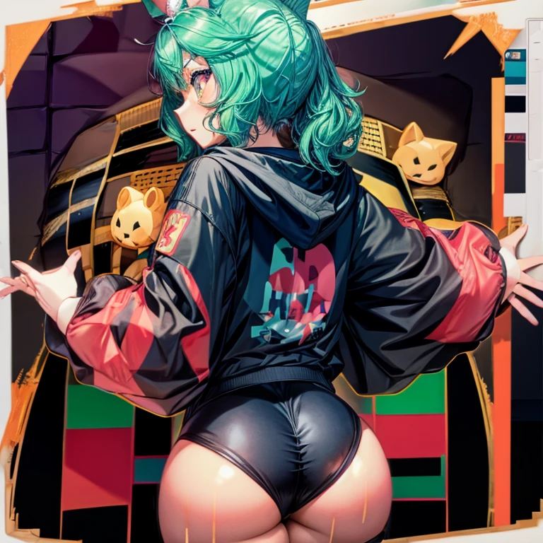 HD, vtuber, Rosedoodle, green hair, cat ears, black open jacket, red top, black strings, cute face, sexy big ass, back view, doggy style