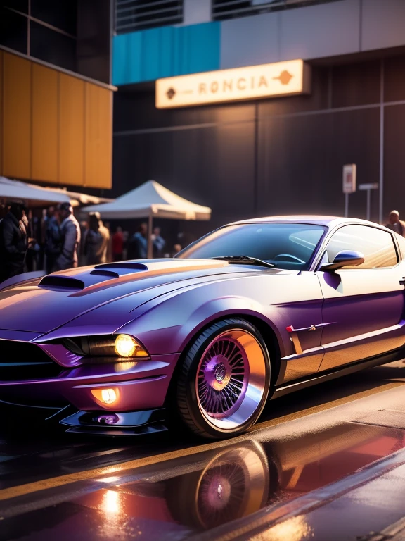 DIAGONAL CAMERA at night in a bar with pink and blue neon lights, imagem inteira de um mustang fastback  hot rod, COR roxo cromado METALICO reflexivo, METALLIC purple COLOR, Estilo Hotrod , estilo filme stalone cobra, a pintura polida reflete tudo ao seu redor, reflexo do brilho da luz na pintura, tem roda cor roxa estrela, tem roda cor roxa estrela, rodas esportivas grossas e ridiculously largas e viradas, RODAS DOURADAS E POLIDAS, tem rodas douradas, ridiculously lowered front suspension, dentro de uma garagem com paredes brancas, imagem em pose diagonal, obra prima, imagem inteira diagonal do carro todo, traseira com bom acabamento