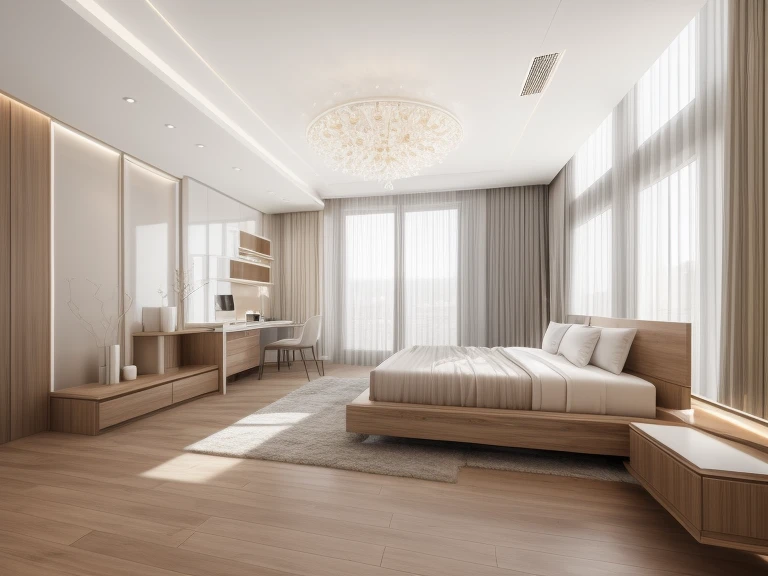 modern interior, raw photo bedroom with a bed, wood floor, desk, curtain, glass window, soft light, day light,masterpiece, best quality, supper detailed ,8k, ultra realistic.