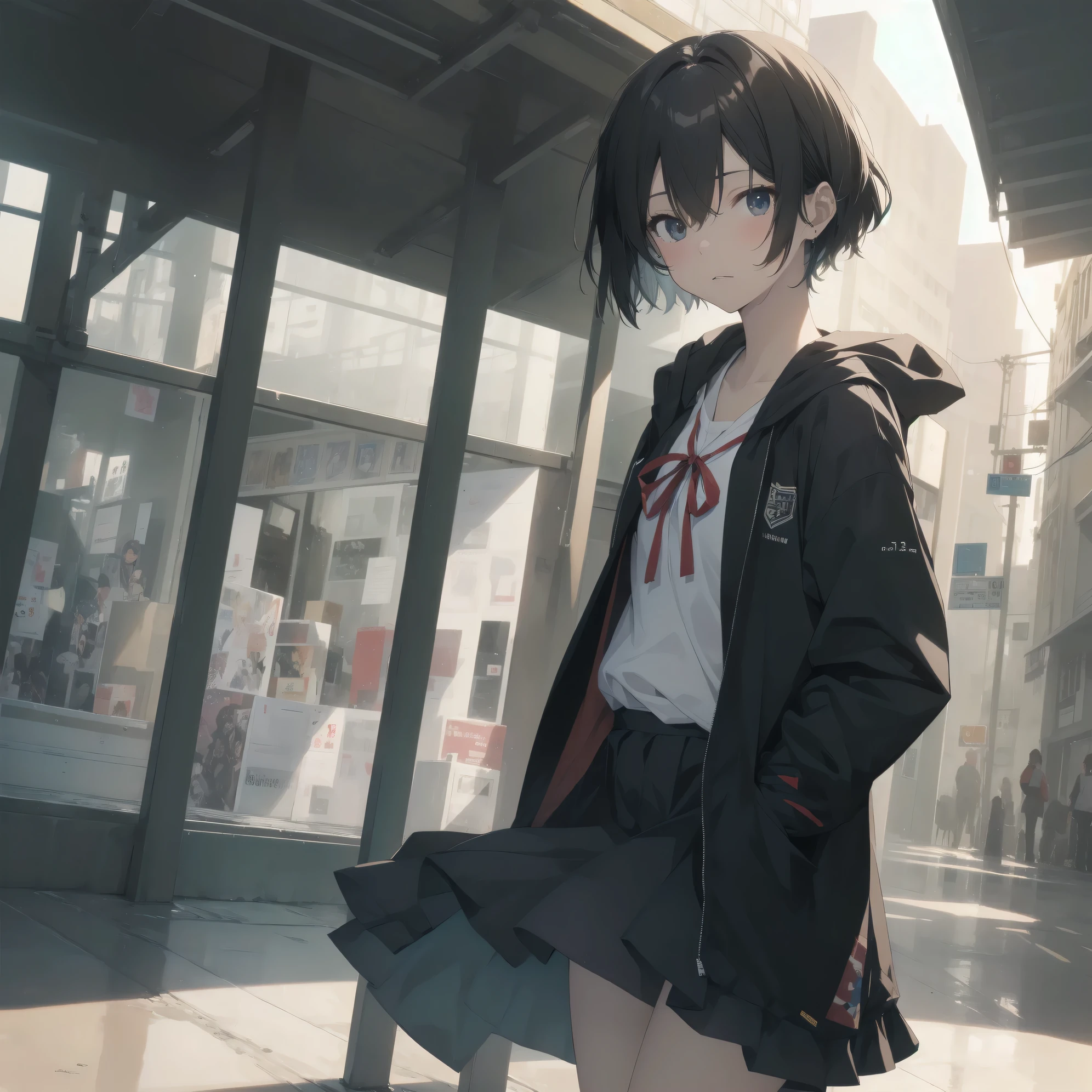 ultra-absurdres-Top quality by artist God, ultra-detailed, high resolution, anime moe artstyle, best anime 8k konachan wallpaper, pixiv contest winner,pool:2810, perfect anatomy,break, 1girl, (Please draw a girl walking sleepily to school alone. )break,(Solo,little female, 13-year-old:1.3),Full limbs, complete fingers,a junior high school student, (very short hair), short cut, flat chest, , small butt, small black eyes, beautiful detailed eyes, well-proportioned iris and pupils, expressive eyes, highres detailed hair, soft expression, school_uniform, official_alternate_costume, pleated skirt,(Detailed Lighting), (Detailed background), in the School commute route. break,super detailed skin, Best cinematic lighting powered by famous artist, 8k,beauty illustration,photoshop_(medium),very aesthetic,break,((artist:bow_(bhp) )), artist:akinashi yuu ,artist:oyari ashito ,artist:kantoku ,