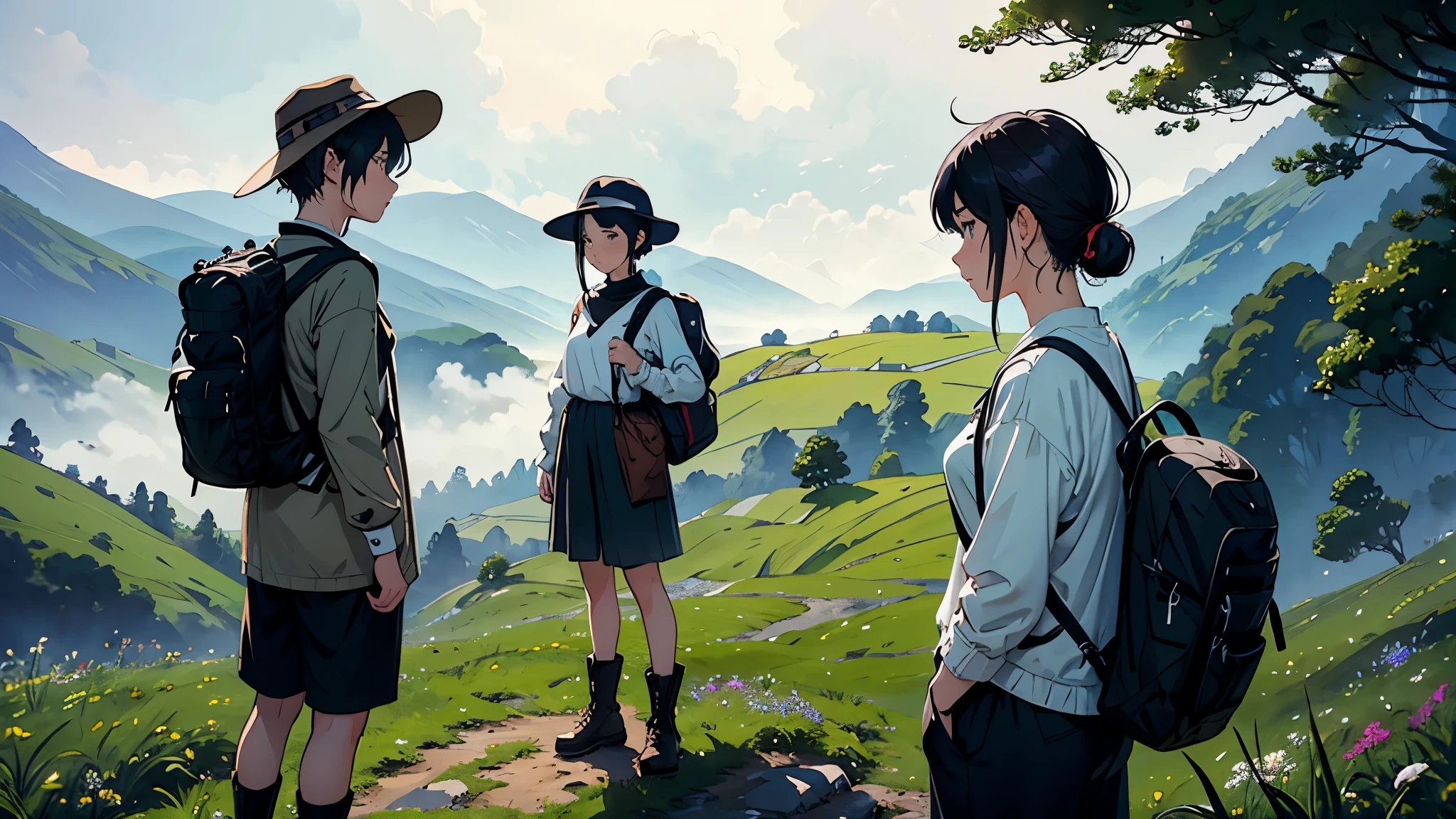 (highest quality、High resolution、masterpiece)、(Anime Art 4k)、(Photorealistic)、((Two women))、20-year-old、((Standing on a hill、Overlooking the magnificent scenery、Side view))、 (Facial detailing)、Black Hair、 short hair、 (Put your hair up、Combing hair)、Slim figure、Small breasts、Travel preparations、blouse、Best、Jacket、Long trousers、Shorts、Trekking shoes、boots、Carry a shoulder bag over your shoulder、Small rucksack、binoculars、Hunting Hat、Cinema Lighting、Ray Tracing、Soft Light、Welsh landscape painted on a misty morning、Create a magical scene in a misty meadow on a calm morning、Draw delicate and blurry brushwork、place々flowers bloom、(Sargent-style watercolor)、(Edmund Leighton Style)、