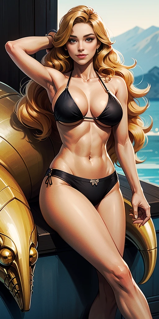 Dos muslos largos, ojos amarillos, pelo rubio, cabello corto, pechos grandes, mangas separadas, fondo muy blanco, Tiara real, capa larga, Bikini tigre amarillo, Tacones altos, manos en la cintura. Tatuaje rojo en el ombligo., MILF de cuerpo completo BIMBO, cara de sonrisa lujuriosa y sonriente (rubor rojo), hombros de metal, brazales dorados sin mangas, gargantilla negra