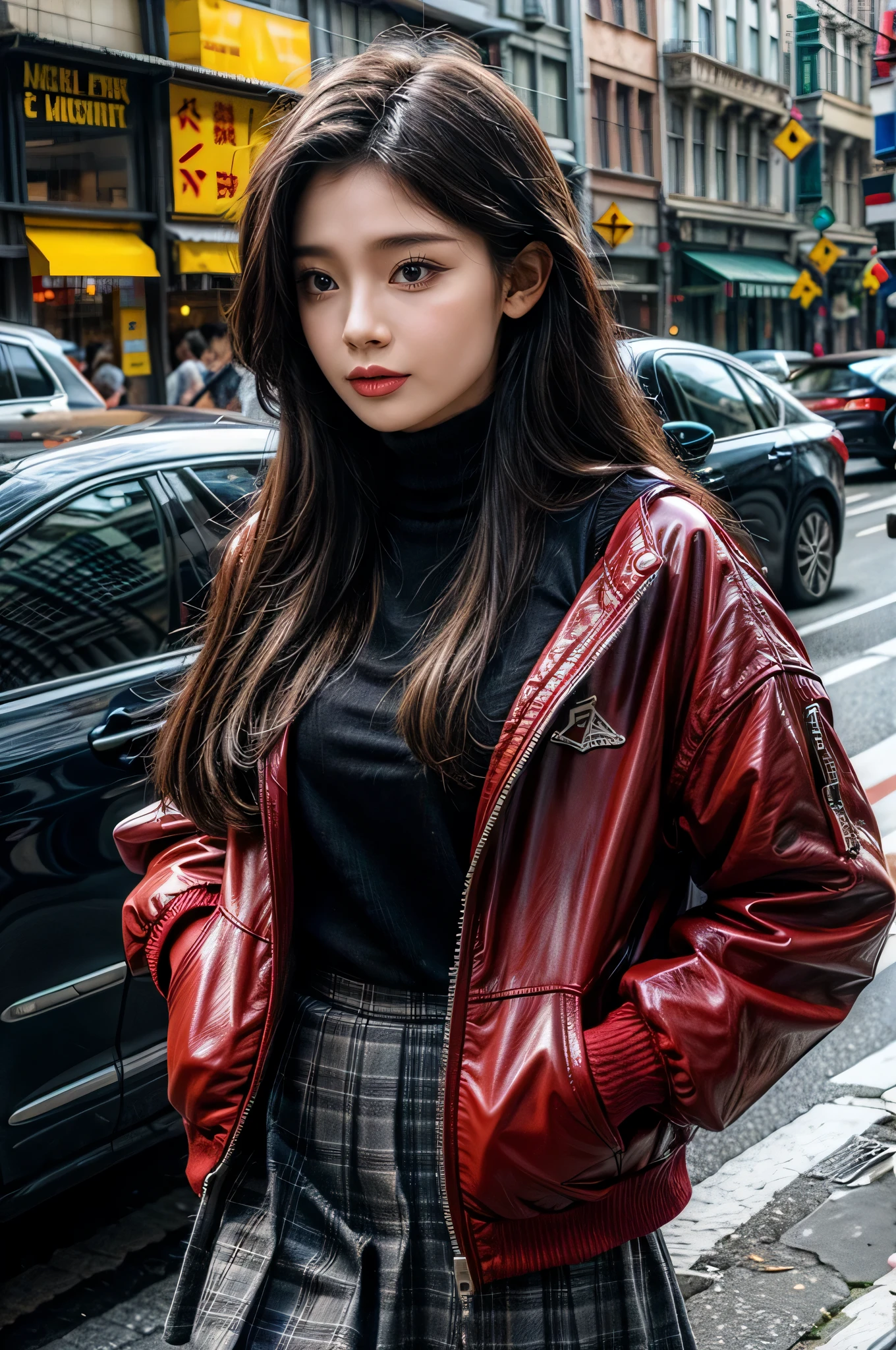 high resolution,masterpiece,best quality,Extremely detailed,National Foundation,1 Girl,City, street,Put your hands behind your back, Black skirt, Red Jacket, eye focus,