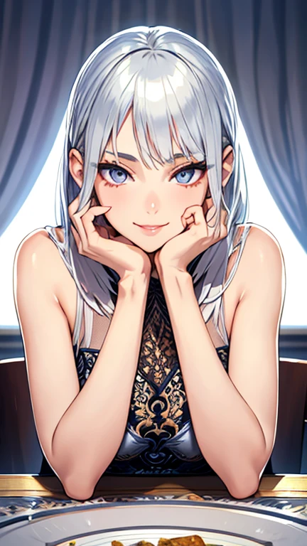 (table top, highest quality), intricate details, thin, ((slim)), beautiful girl, perfect face, expressive eyes, silver hair, white skin, silver eyes, sharp jaw line, dress, hair is dirty, plump lips, Upper body, smile, closed mouth,