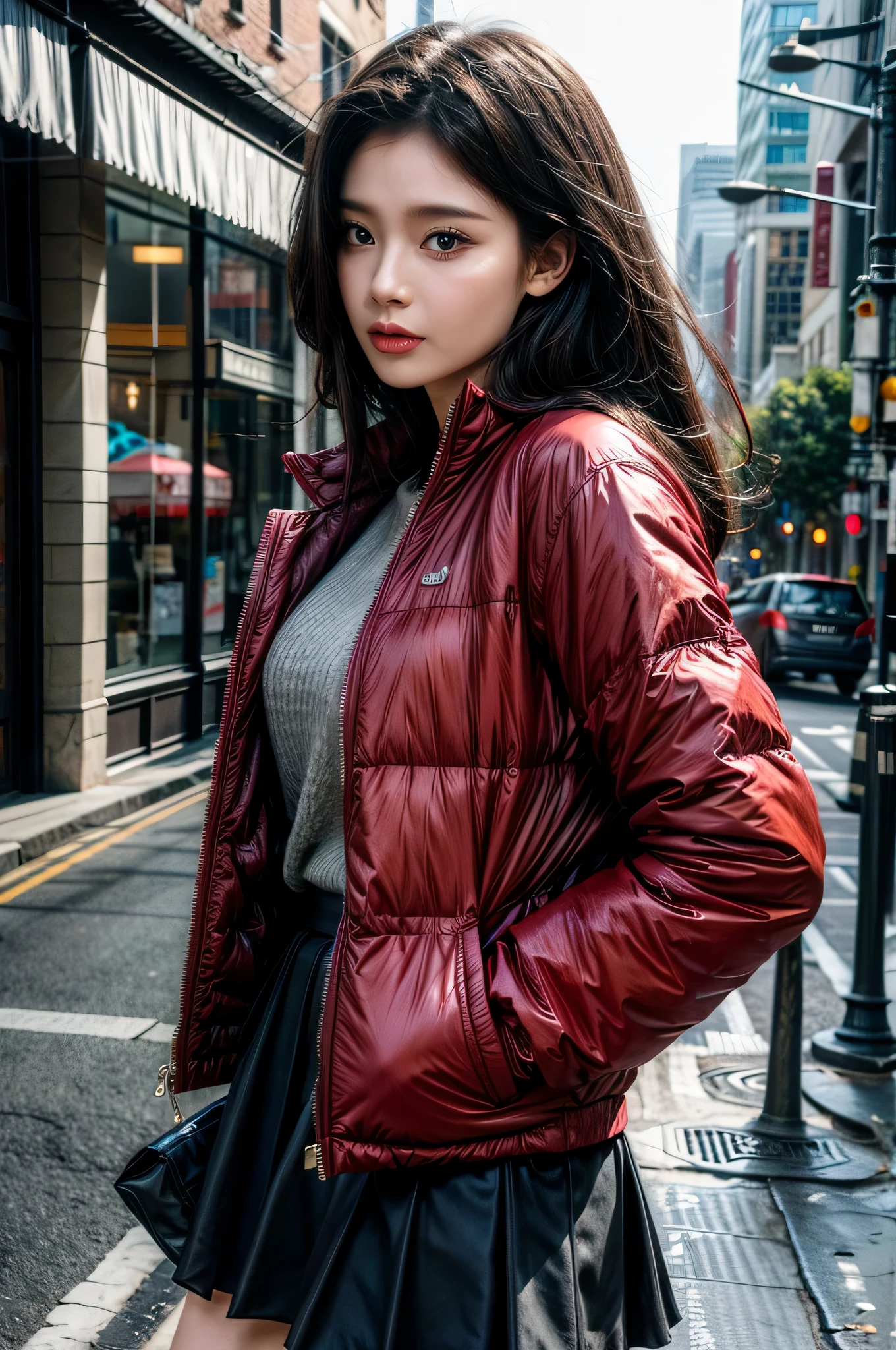 high resolution,masterpiece,best quality,Extremely detailed,National Foundation,1 Girl,City, street,Put your hands behind your back, Black skirt, Red Jacket, eye focus,