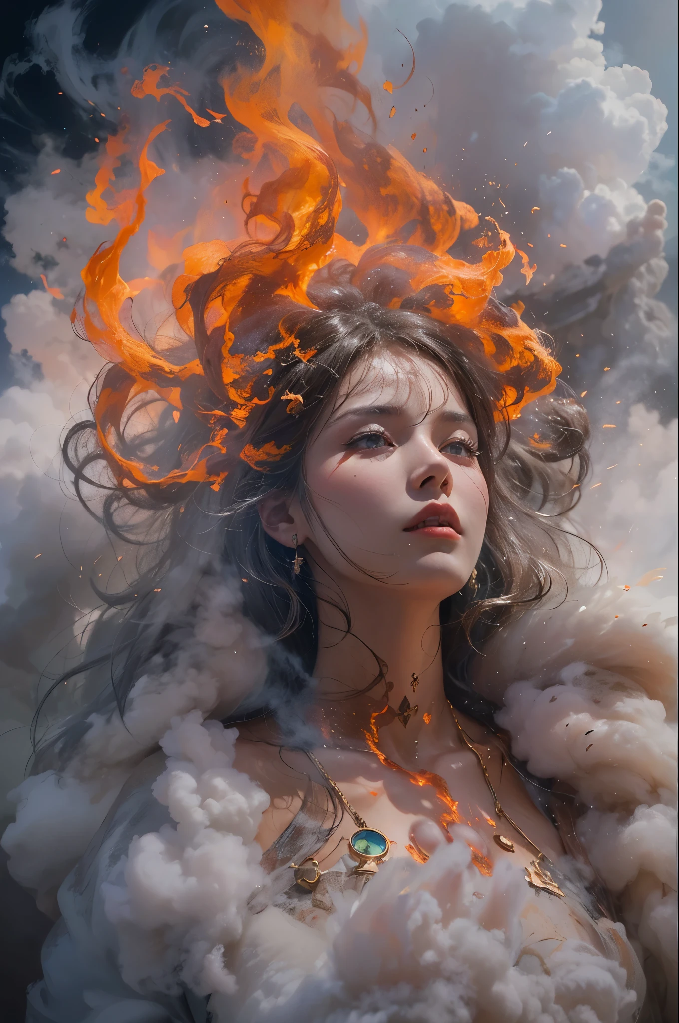 Beautiful priestess face and body made of ash clouds and burning rain clouds, Mark Mann (Mark Mann) Great for thermal photography, ample, albrecht durer, ample, soft wet color, intricately details, fiery, smokes, The beautiful, Cloudy, Fluffy, static charge, sacrum portrait, Artistic masterpieces from leaders in real-time engineering