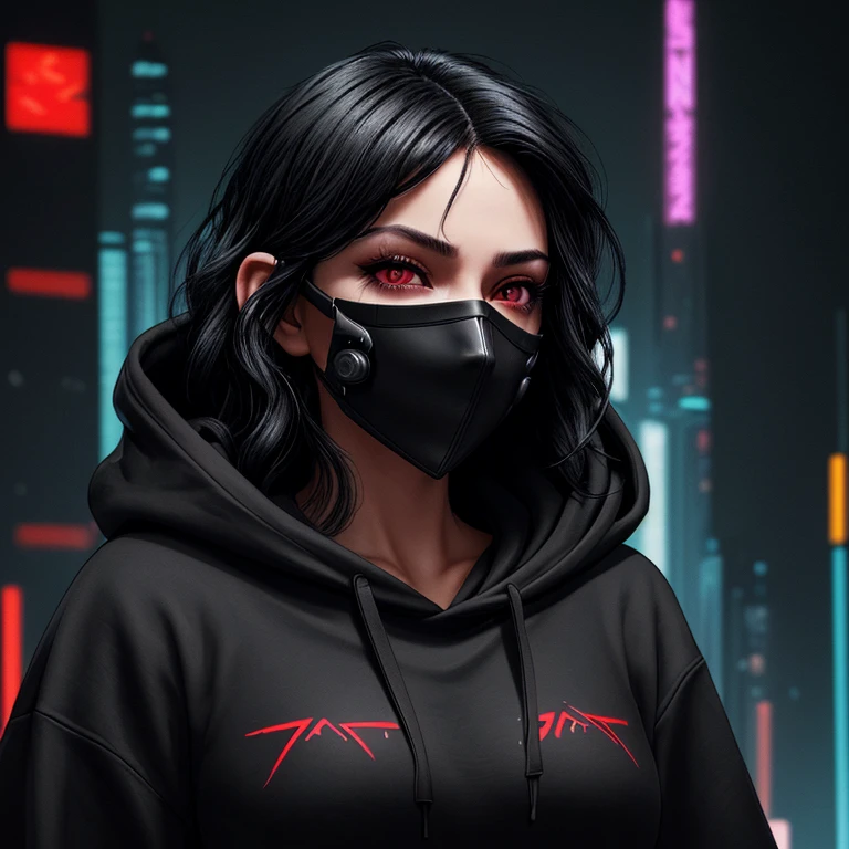 ((best quality)), ((masterpiece)), (detailed), perfect face, medium wavy black hair color, sharp eyes, black eyeballs, cyberpunk masker, black hoodie color, profile picture, dark light background. 