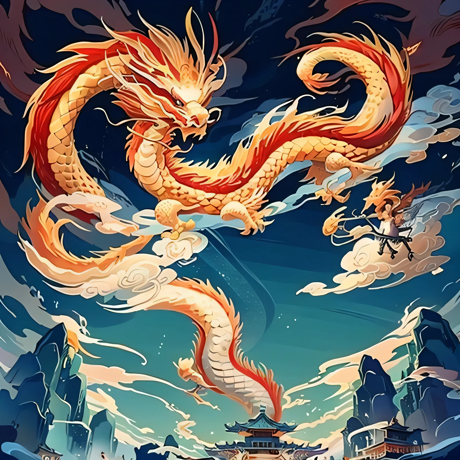 National Tide，A colorful dragon takes off into the sky，Auspicious clouds surround，Extremely gorgeous，epic colors，Super Detail，Super quality