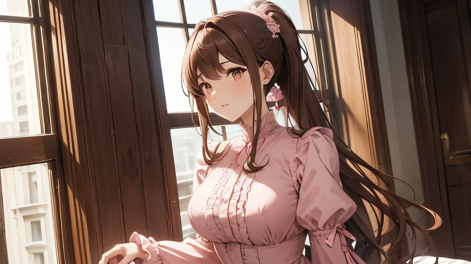 A beautiful woman wearing a pink puff-sleeved long-sleeved dress with lots of ruffles and lace Brown hair ponytail Upper Body Big Breasts hair ornaments
