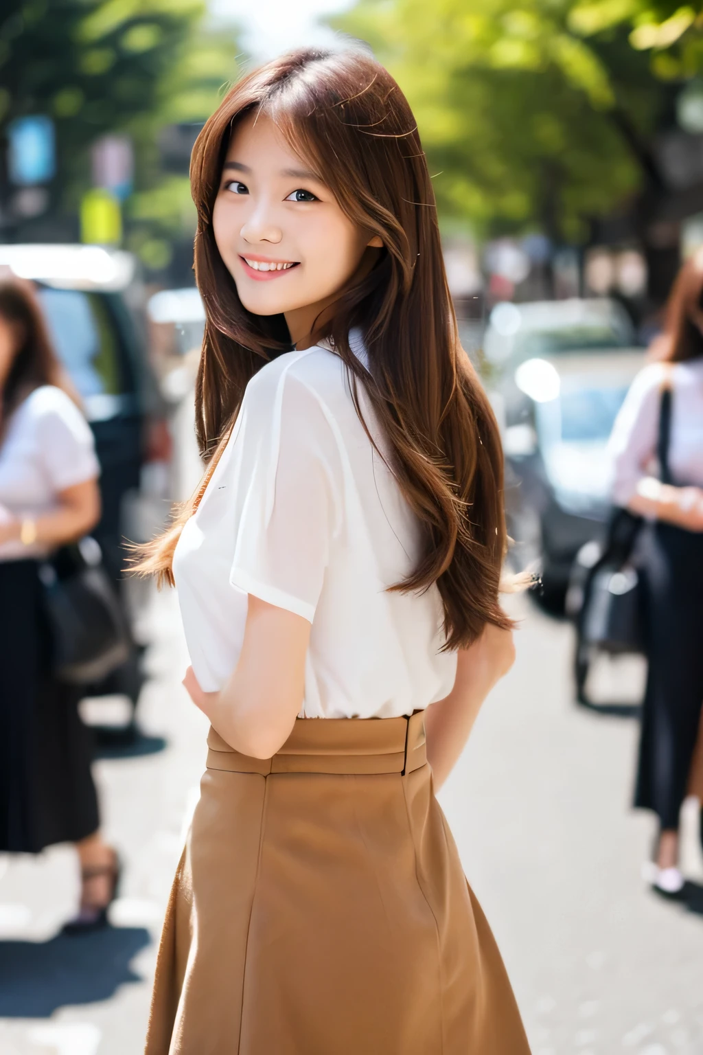 Top quality, 1 beautiful woman, long Hair, brown hair, wearing Camisole & skirt, shy-smile, Sunlight, at street
