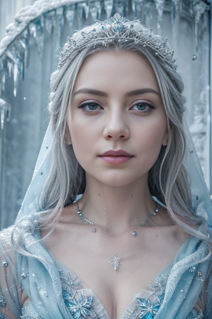 A regally frigid cold queen shrouded in an aura of frosty elegance. Her icy gaze pierces the soul, every inch of her shimmering with icy brilliance. Her flowing robes cascade like frozen waterfalls, delicate but menacing. This meticulously detailed painting, captures the essence of her chilling beauty with stunning clarity and precision. 8k, fullbody