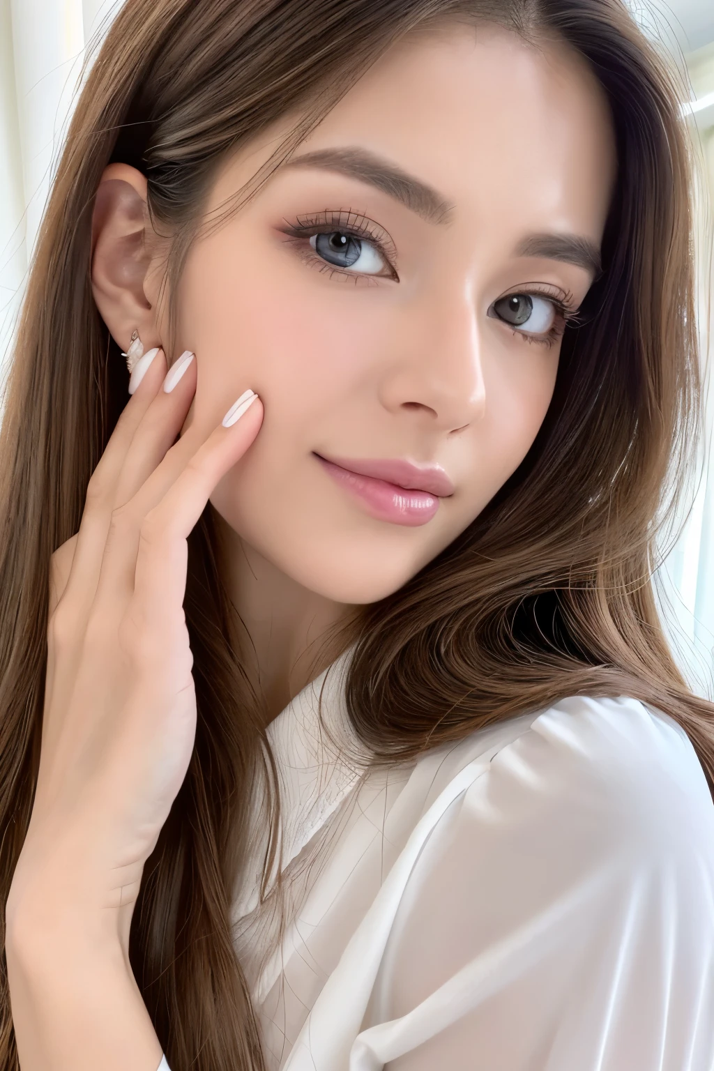 ((Best quality at best, 8K, tmasterpiece :1.3)), Focus sharp :1.2, 16-year-old beauty,Perfect figure :1.4, Slim abs :1.3, Original photography、Ultra-high resolution, full bodyesbian, White skin of the、Fair and shiny skin、(Blonde wavy hair)、dark brown hair、Super thin eyes, Hands are super thin, Ultra-thin fingers、beautidful eyes,Random color、with very thin lips, finely detailled、eyes elongated、pale pink blush、long eyelasher、beautiful double eyelid、Lighting that emphasizes beautiful skin、Glowing skin 2, ((Detailed white shirt )), ((Detailed face )), , Luxury office :1.4, Highly Detailed Face and Skin Textur, Detailed eyes, double eyelid