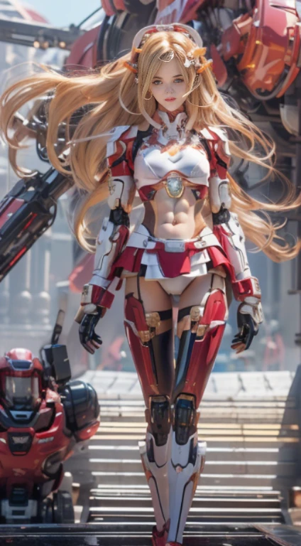 beautiful girl with mecha robot armor((Long straight long hair with blonde color: 1.2),（Highly detailed 8k CG wallpaper）,（Very smooth and beautiful）,（Craftsmanship）,((sharp_focus)),（best quality ：1.0）,（Ultra High Resolution：1.0 ）,beautiful lighting, perfect flash, realistic color, [high resolution], smooth and flawless bright skin, exquisite facial details, (perfect body： 1.1 ）), very detailed, beautiful girl, small head, (small breasts :1.1),Mecha robot chest visible breasts, slender, red mecha chest,(Red mecha short skirt: 1.1), pink mecha panties visible,(Robot shoes red gold trim: 1.1),early autumn, Dusk, sunset light, Standing at the school gate, Close-up Shot，Surrounded by a bustling crowd, (Emma_watson), full_body, 19 years old, tall, (fine_abs:1.55), beautiful , (smooth thighs), (black stockings), (((fair skin))), white skin, yellow/pink short skirt, chestnut blonde hair, looking at the audience, glasses, red mecha headset with gold trim, (sharp_focus:1.5 )
