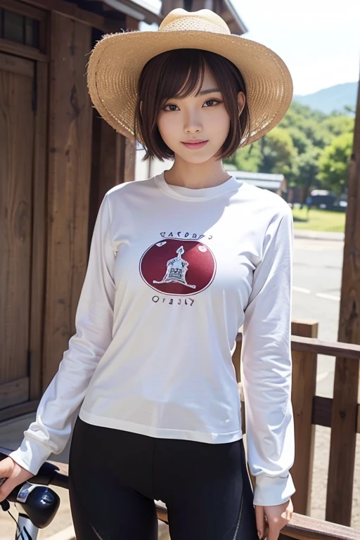 cowboy hat , ((no hat:1.3))、cute japanese college student、21 years old、One person is standing、Super detailed face、Attention to detail、double eyelid、Beautiful thin nose、D cup breasts、Sharp focus:1.2、Beautiful woman:1.4、(Maroon brown hair、Short Hair)、(Detailed facial features)、Brunette eyes、natural bangs、White skin、highest quality、masterpiece、超A high resolution、(Photorealistic:1.4)、Highly detailed and professionally lit smile、looking at the camera、Medium Bob Hair、Bright lighting、Professional Lighting、Smooth lighting、One person is standing、(Cool long sleeve cycling jersey), (Very Short Spats)、(Outdoor)、