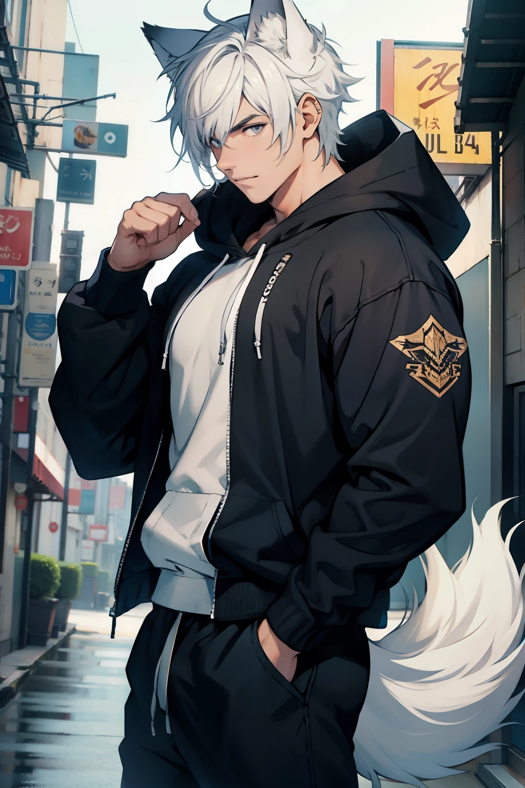 1boy, wolf ears and 1tail, muscular, open hoodie, sweatpants, short white hair