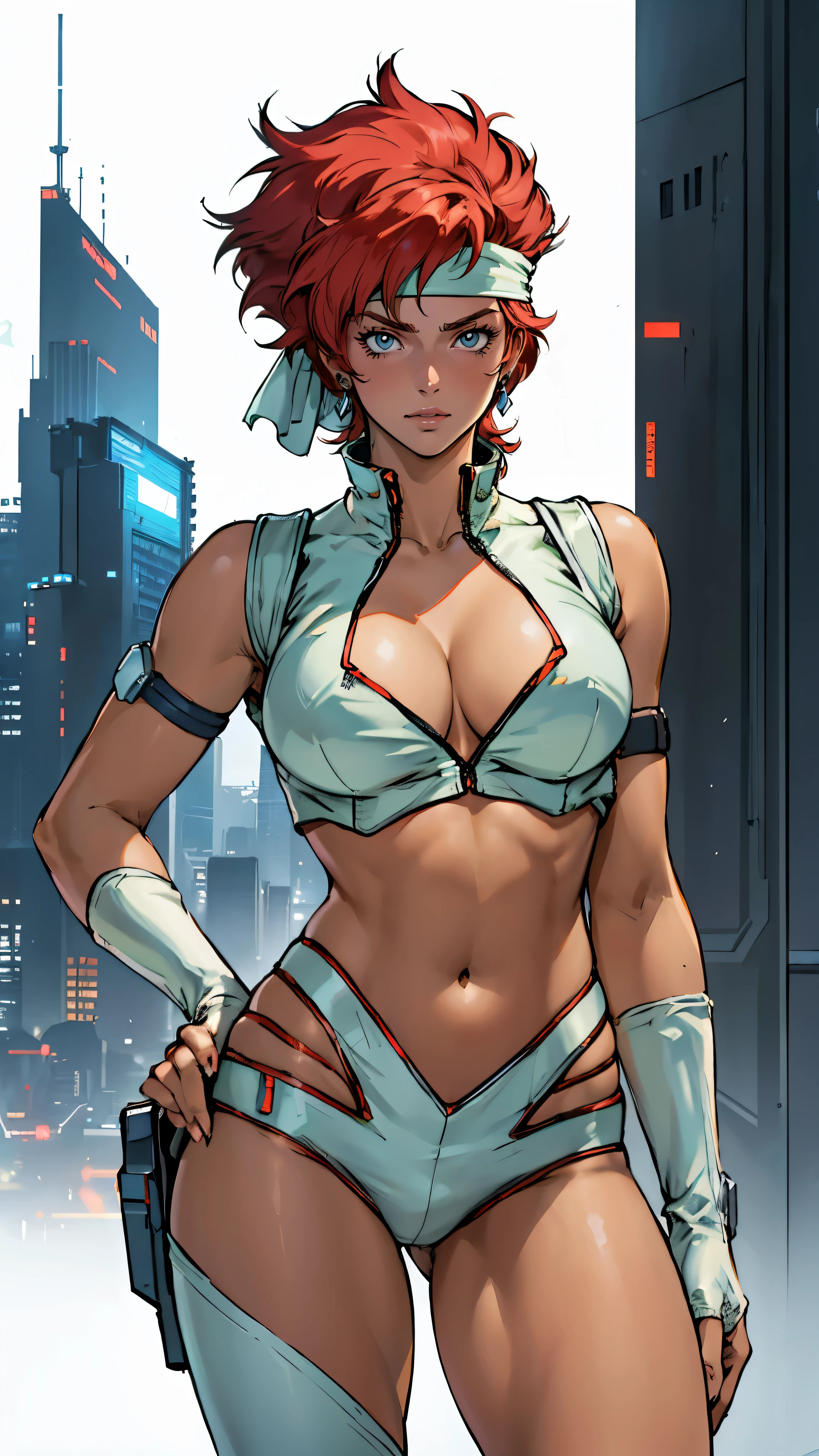 ((Masterpiece, highest quality; 1.3)), super quality, beautiful detail, super detailed, extra fine, 16K, exquisite, absurd, high resolution, beautiful background, detailed background, beautiful eyes, beautiful skin, anime style, Kay from Dirty Pair in a white outfit, tight outfit, cleavage, bushy redhead beauty, very light blue uniform, wearing tight clothes, skimpy, (mid chest: 1.2), cleavage, cleavage, , slim waist, slim thighs, thigh gap, showing stomach, skinny, thin hips, cyberpunk city background, retro space gun holding, headband,