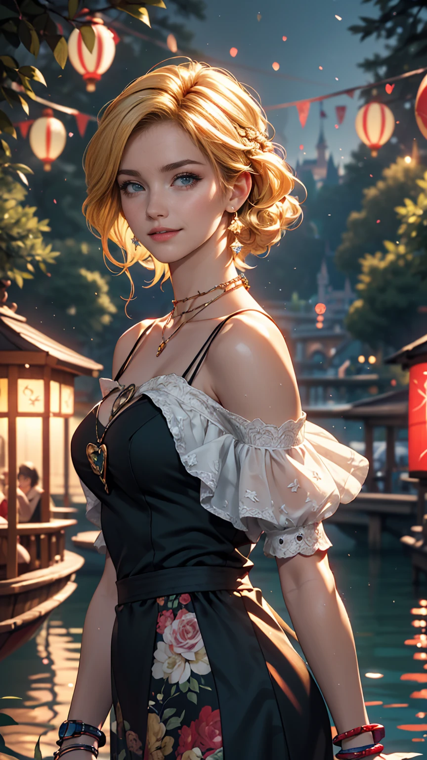 24 year old Caucasian female、Blue delicate eyes,Sexy proportions、Provocative facial expression、Cleavage Emphasis、Disney、Cinderella 1 person、cinderella castle background、Fireworks are going up