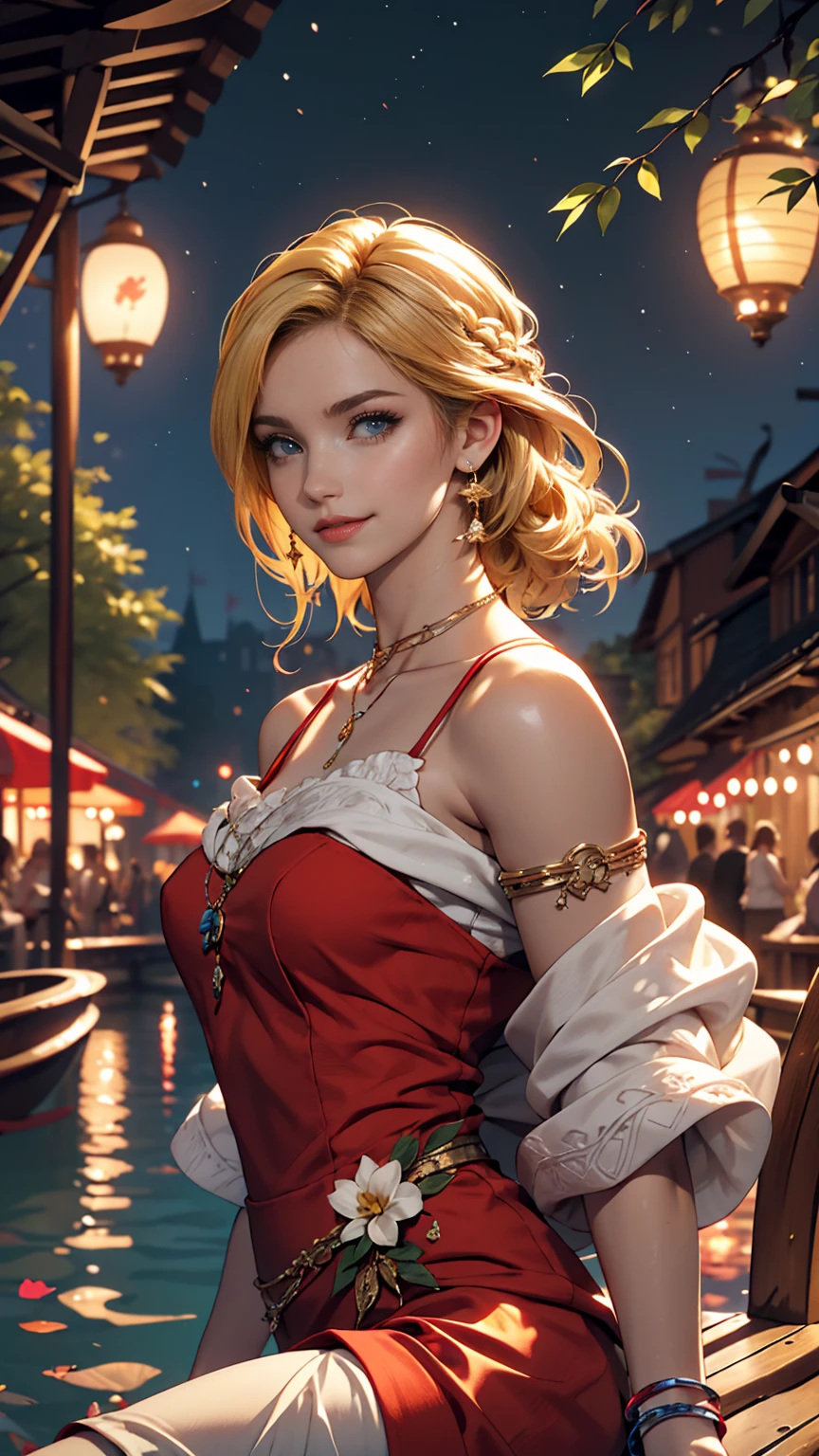 ((最high quality, 8K, masterpiece: 1.3, Ultra HD, high quality, 最high quality, High resolution, realism)) 、A 22-year-old extremely beautiful white woman、Hair color blonde、blue eyeedium Hair、Straight Hair、smile、Slender but well-proportioned body、Background blur((depth of field))、aerial perspective((atmospheric perspective))、I want my head to stay off screen、Wearing accessories on the wrist、Put an anklet on your ankle、Wearing red nail polish、I have a peticure、Disney((Disney))Tangled、Blonde long hair、Wear an off-the-shoulder dress、smile、A lake in the forest、A boat floating in the middle of a lake、Looking up at the many lanterns flying in the night sky