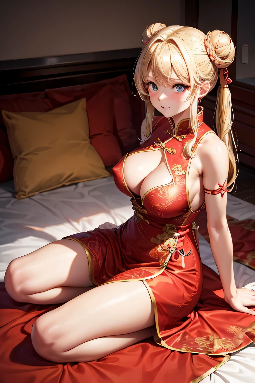 kneeling on the bed Wearing a red Chinese dress No bra Nipples are slightly visible Blonde Bun Hair